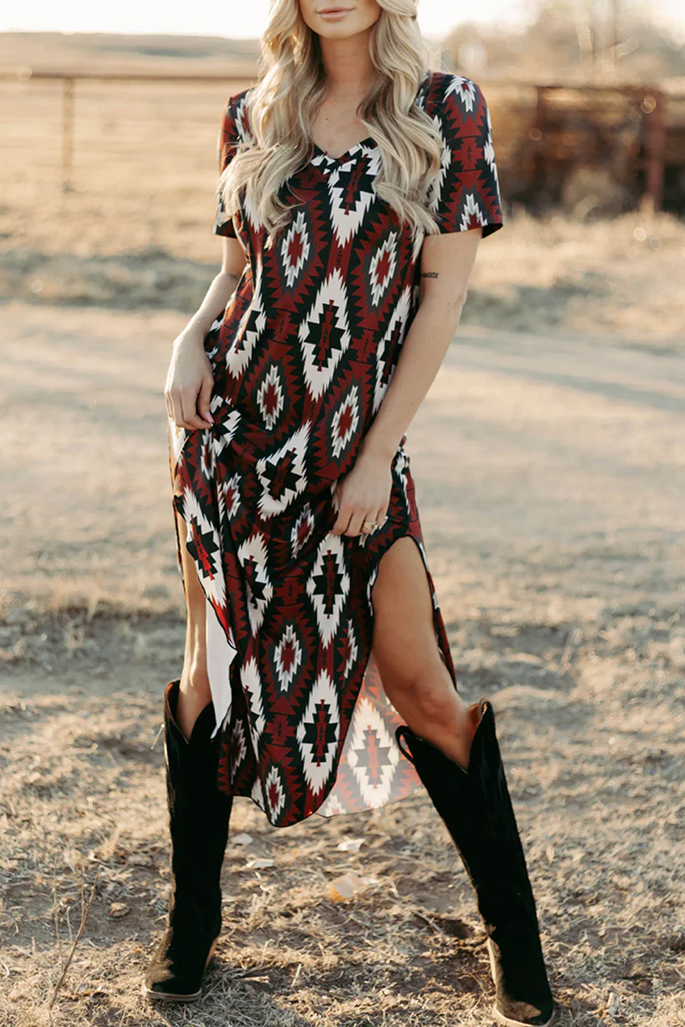 Red Western Aztec Printed Long T-shirt Dress - loveforevers