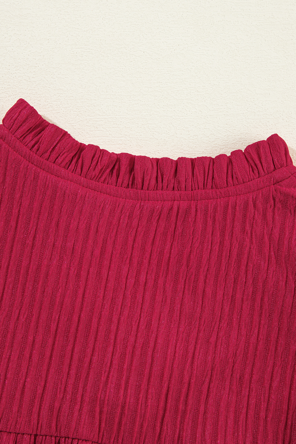 Fiery Red Textured Ruffled Trim V Neck Loose Fit Mini Dress - loveforevers