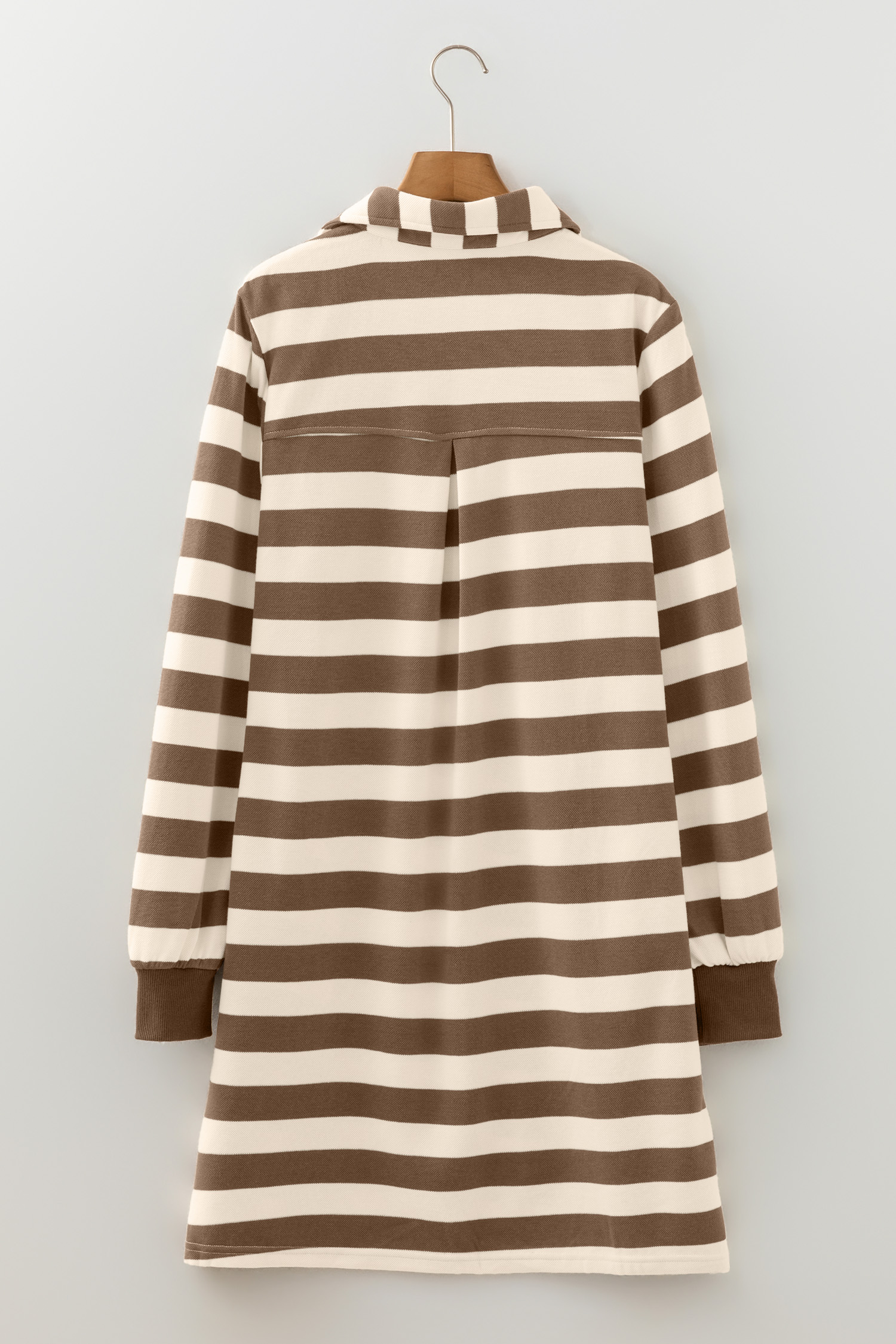 Khaki Stripe Collared V Neck Long Sleeve Loose Casual Dress - loveforevers