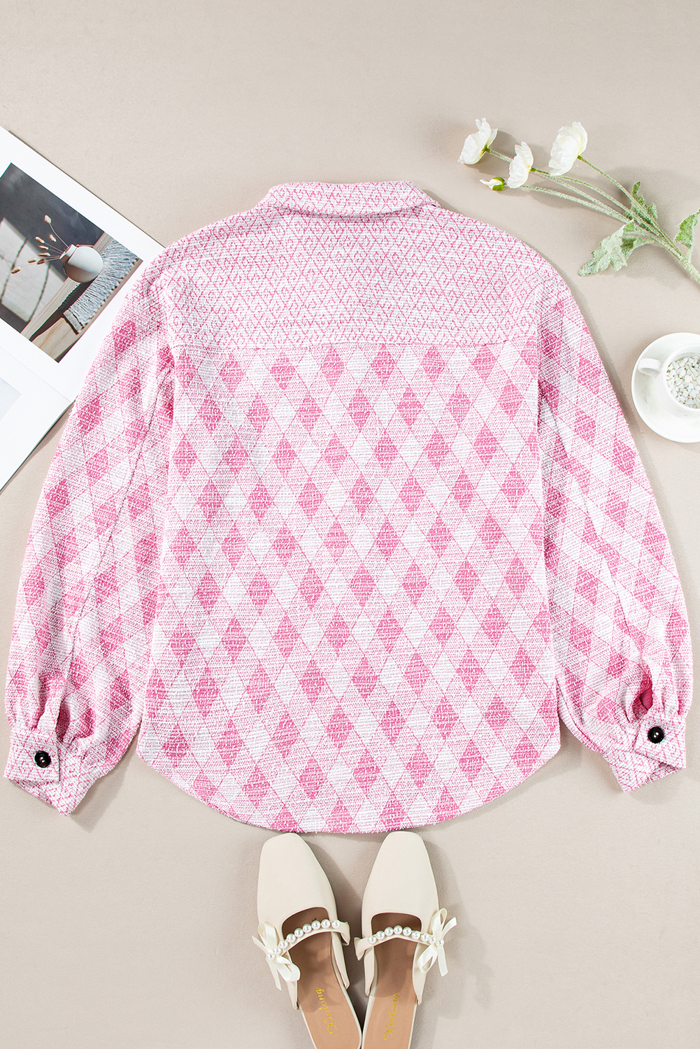 Delicacy Geometric Print Textured Flap Detail Shacket with Pocket - loveforevers