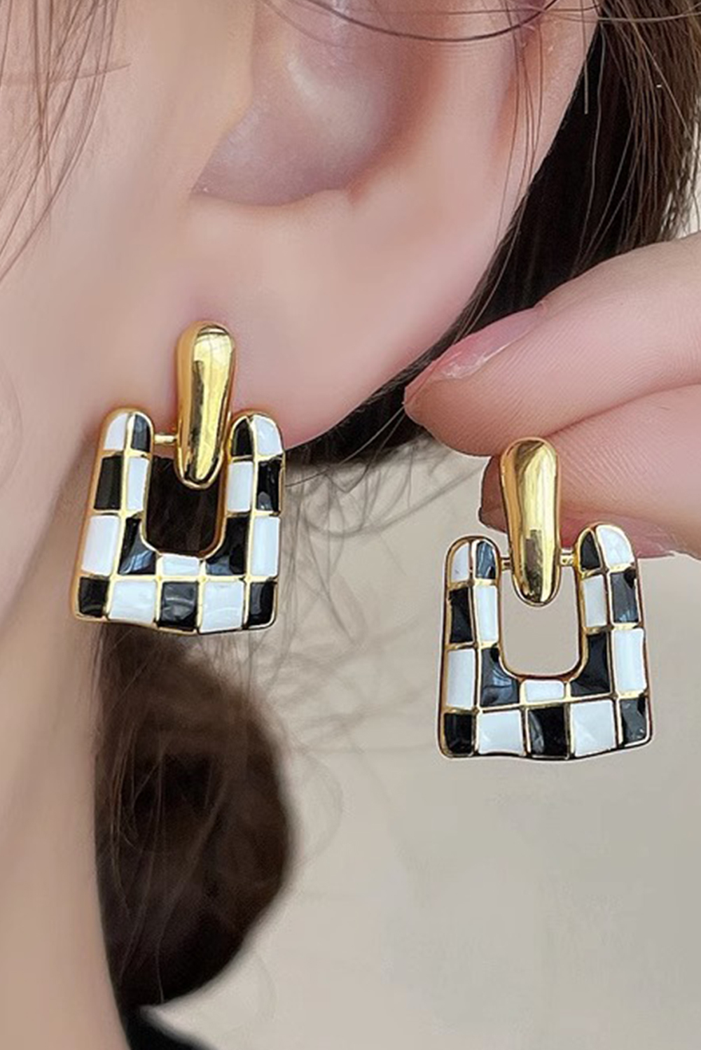 Black Checkered Pattern Square Shape Stud Dangle Earrings - loveforevers