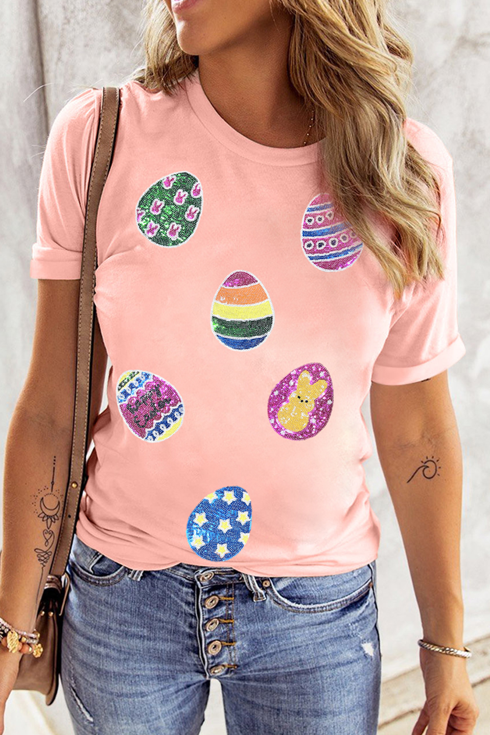 Pink Sequin Easter Eggs Graphic Crewneck T Shirt - loveforevers