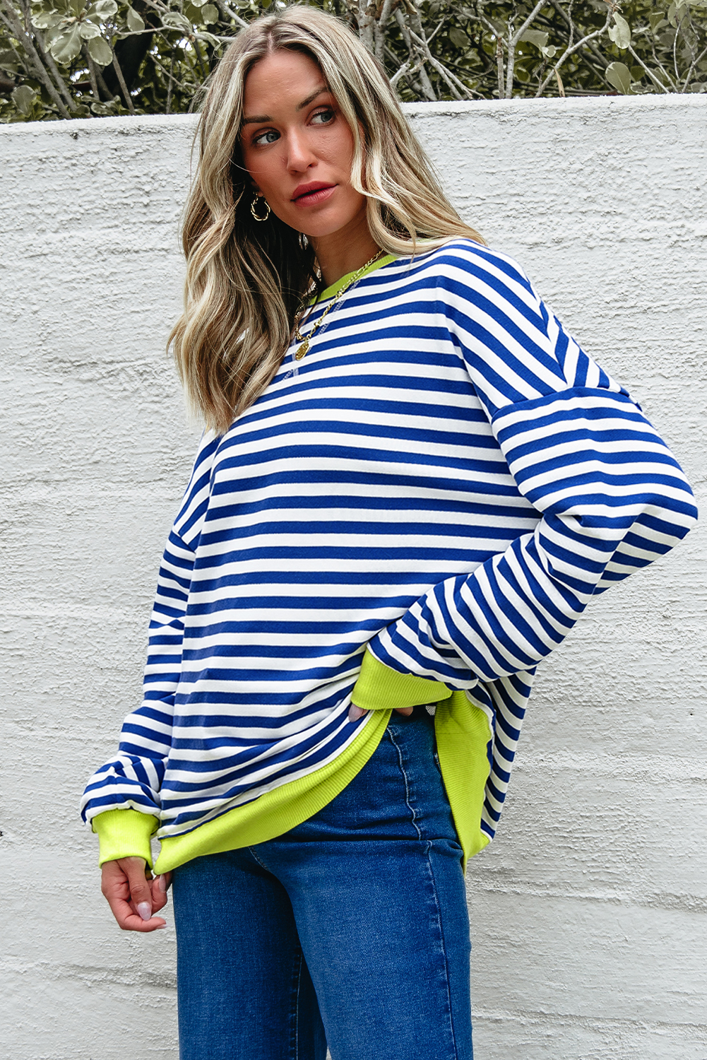 Red Stripe Contrast Ribbed Trim Crossed Stitch Drop Shoulder Sweatshirt - loveforevers