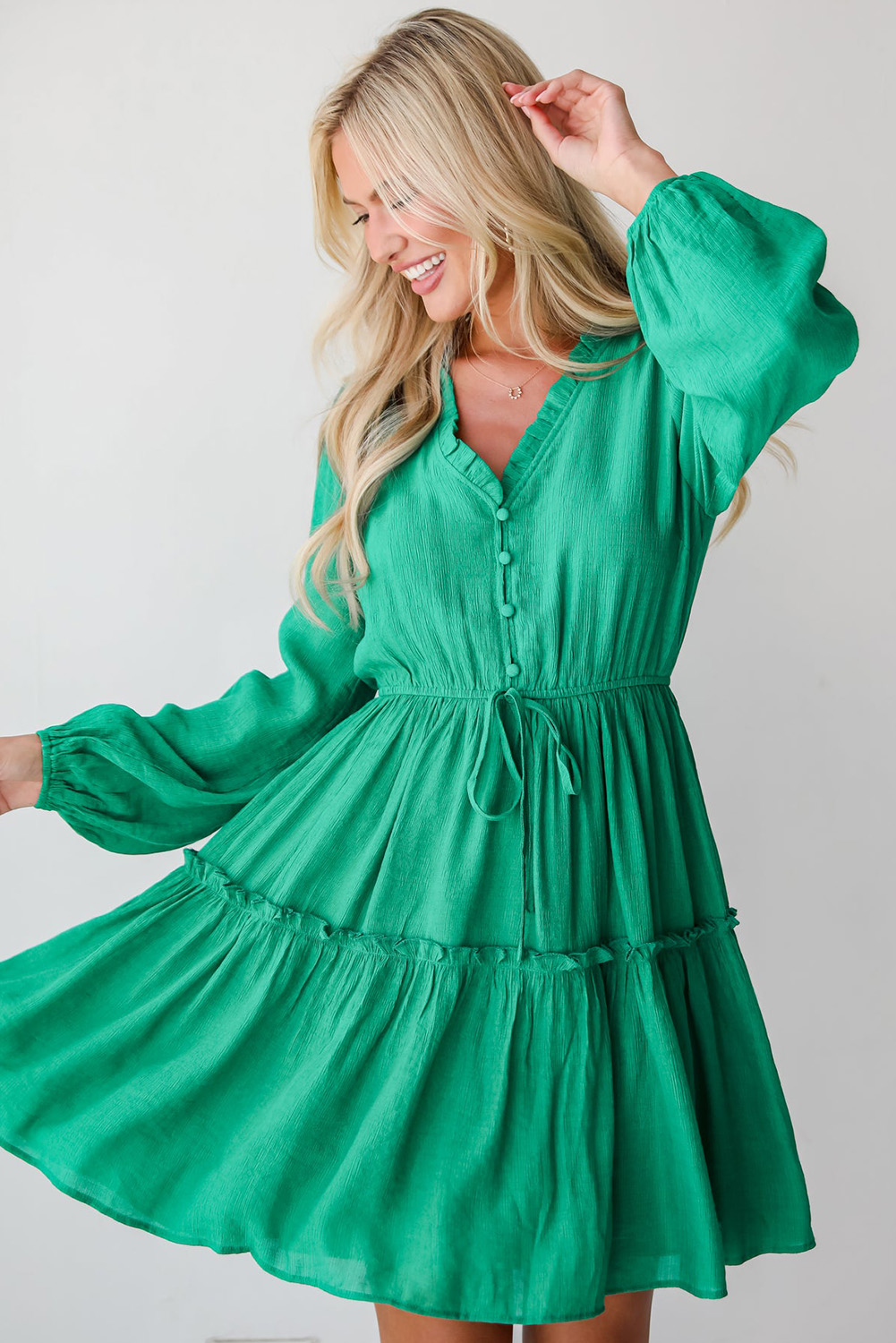 Sea Green Frilly V Neck Puff Sleeve Drawstring Shift Mini Dress - loveforevers