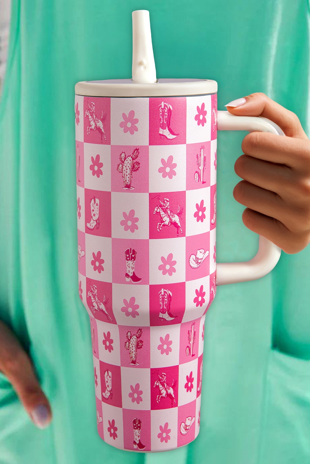 Rose Red Western Pattern Flower Checkered Print Insulated Tumbler 40OZ - loveforevers