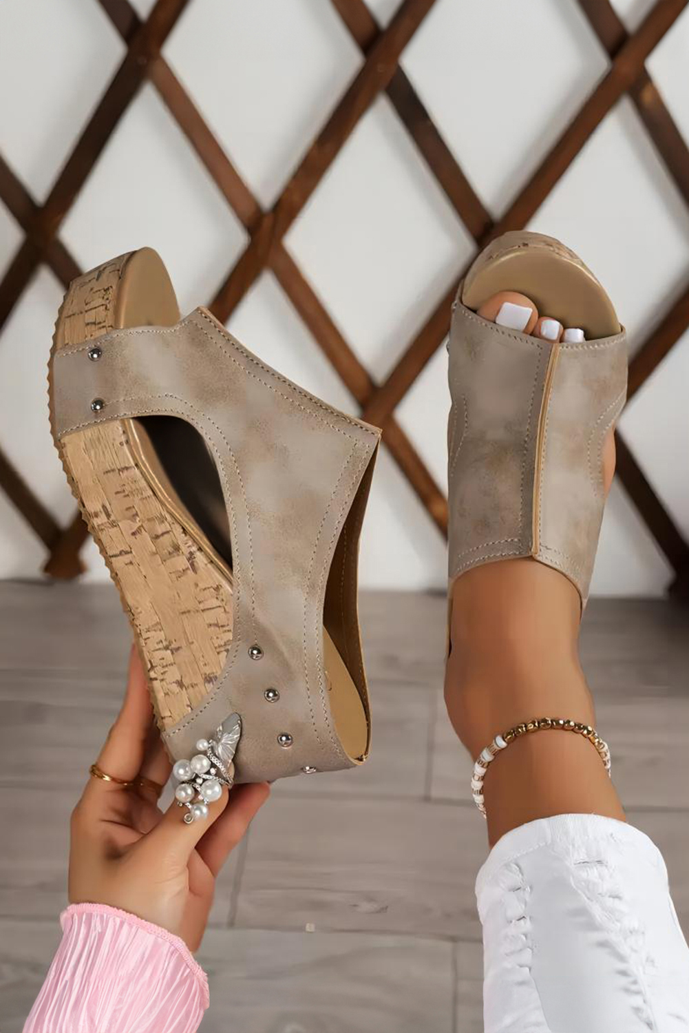 Chestnut Hollow Out Studded PU Leather Wedge Slippers - loveforevers
