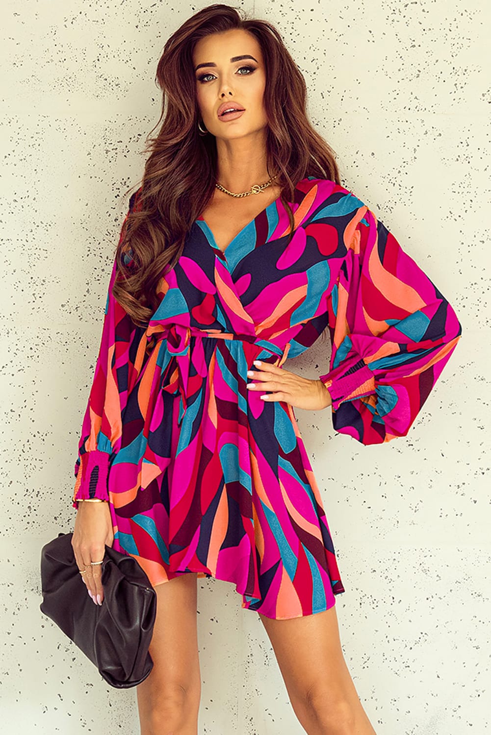 Fiery Red Abstract Printed Belted Puff Sleeve Mini Dress - loveforevers