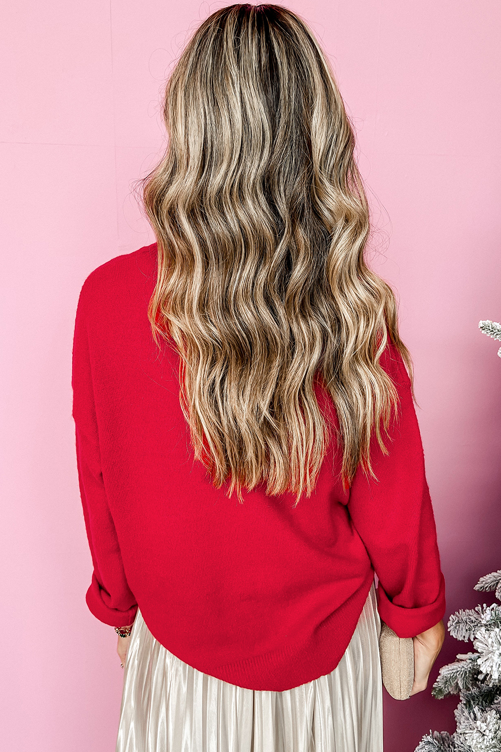 Fiery Red Tinsel Merry Letter Drop Shoulder Baggy Sweater - loveforevers
