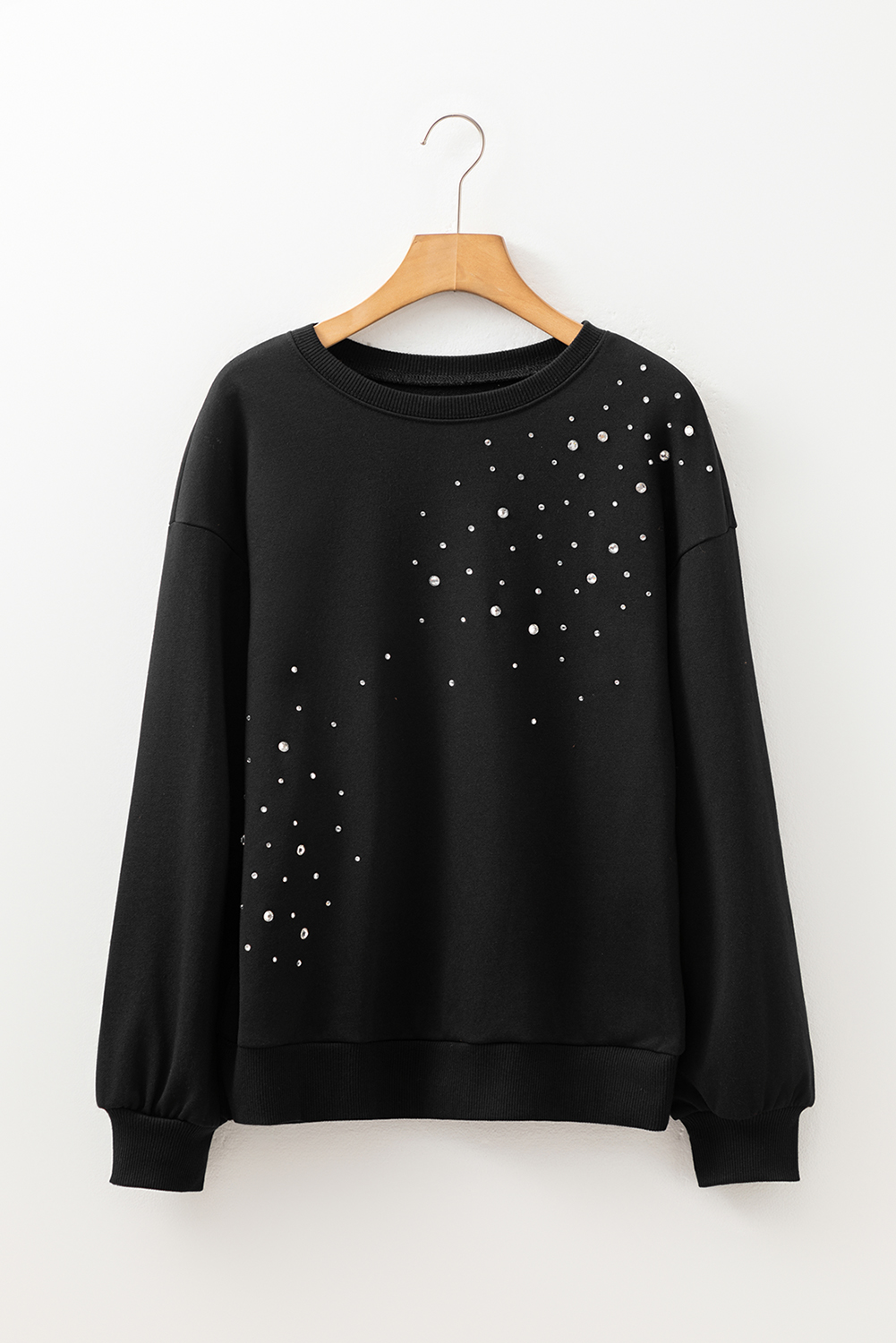 Black Rhinestone Embellished Drop Shoulder Ribbed Cuffs Wholesale Sweatshirt - loveforevers