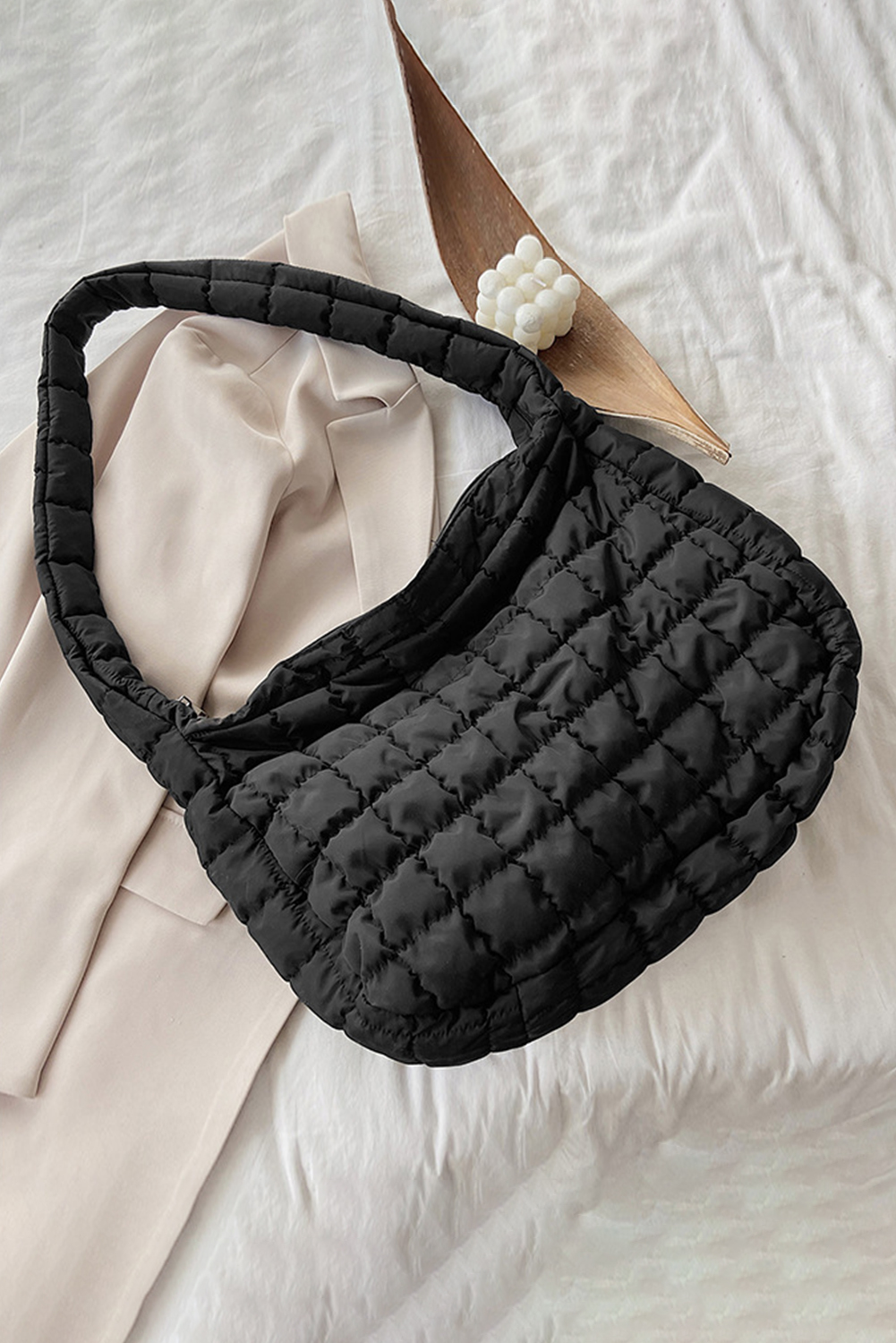 Black Quilted Zipper Large Shoulder Bag - loveforevers