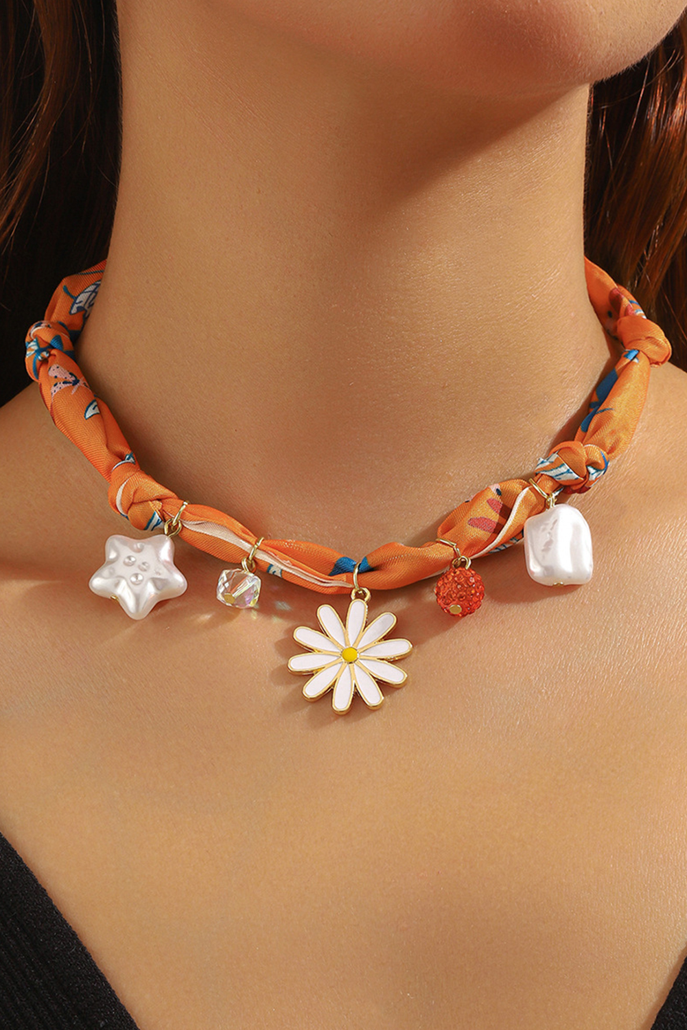 Orange Dragonfly Print Daisy Flower Pearl Crystal Decor Ribbon Necklace - loveforevers