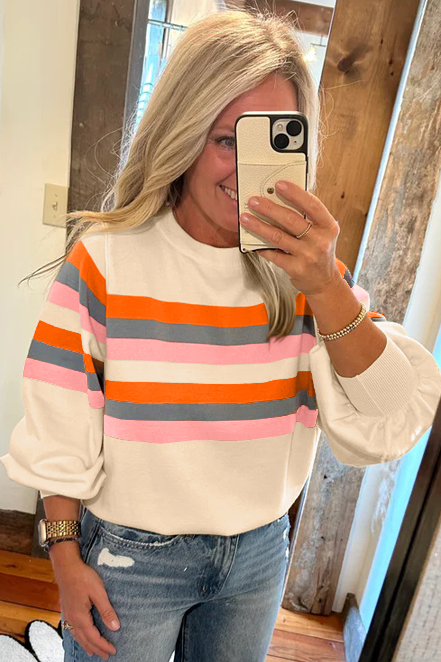 Beige Stripe Puff Sleeve Casual Pullover Sweatshirt - loveforevers