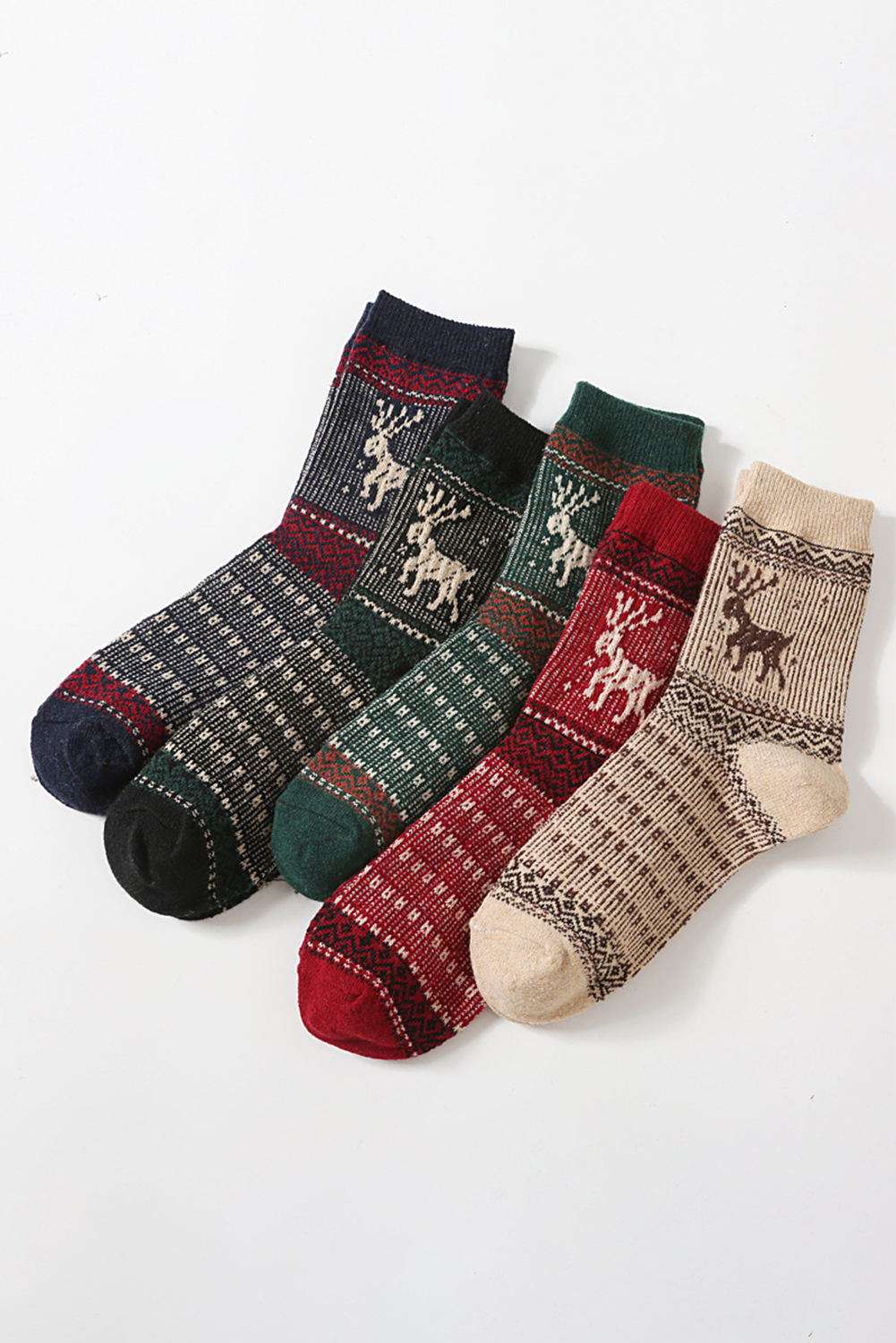 Blackish Green 5 Pairs/Set Christmas Reindeer Soft Crew Socks - loveforevers