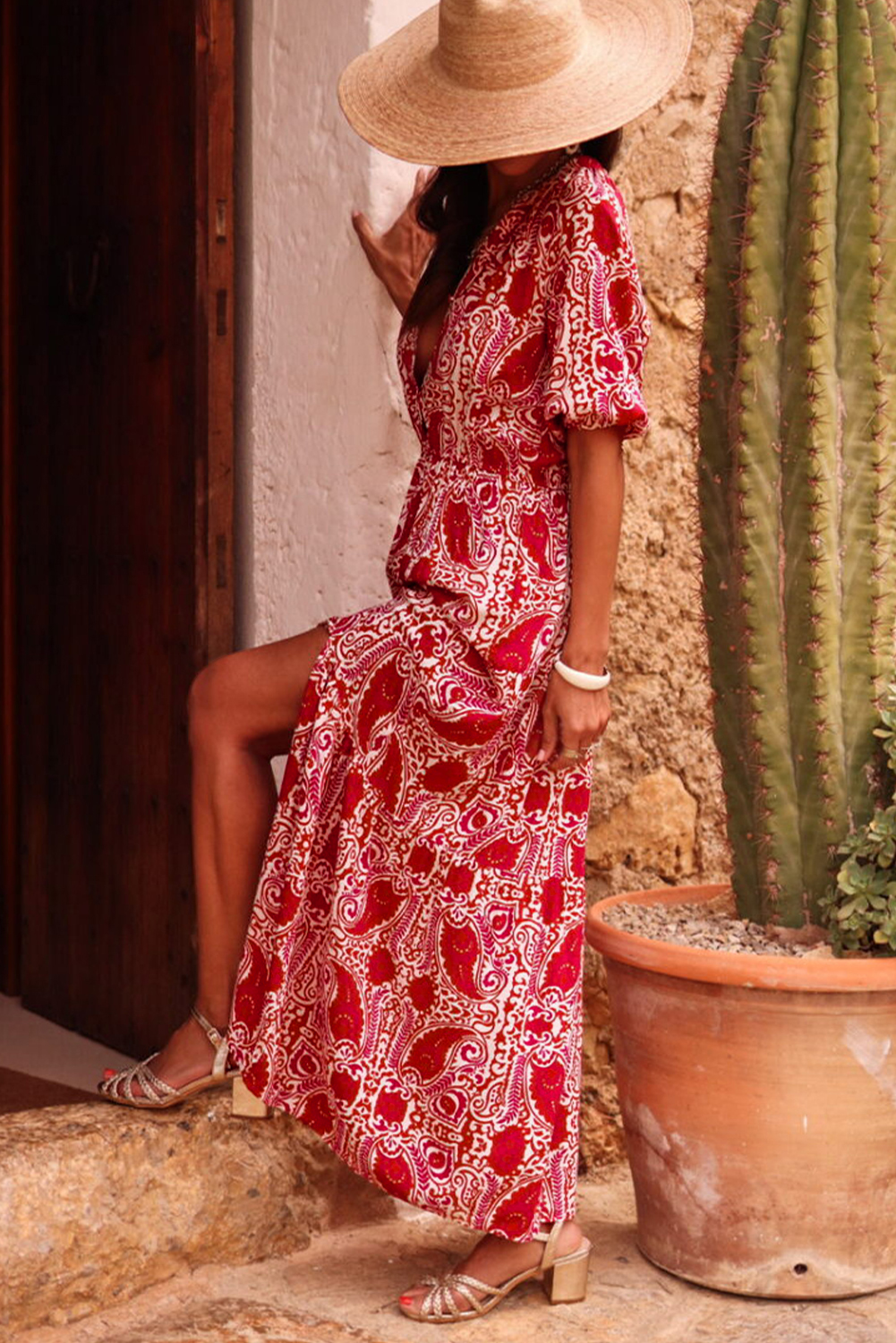 Red Paisley Print Side Slit Puff Sleeve High Waist Maxi Dress - loveforevers