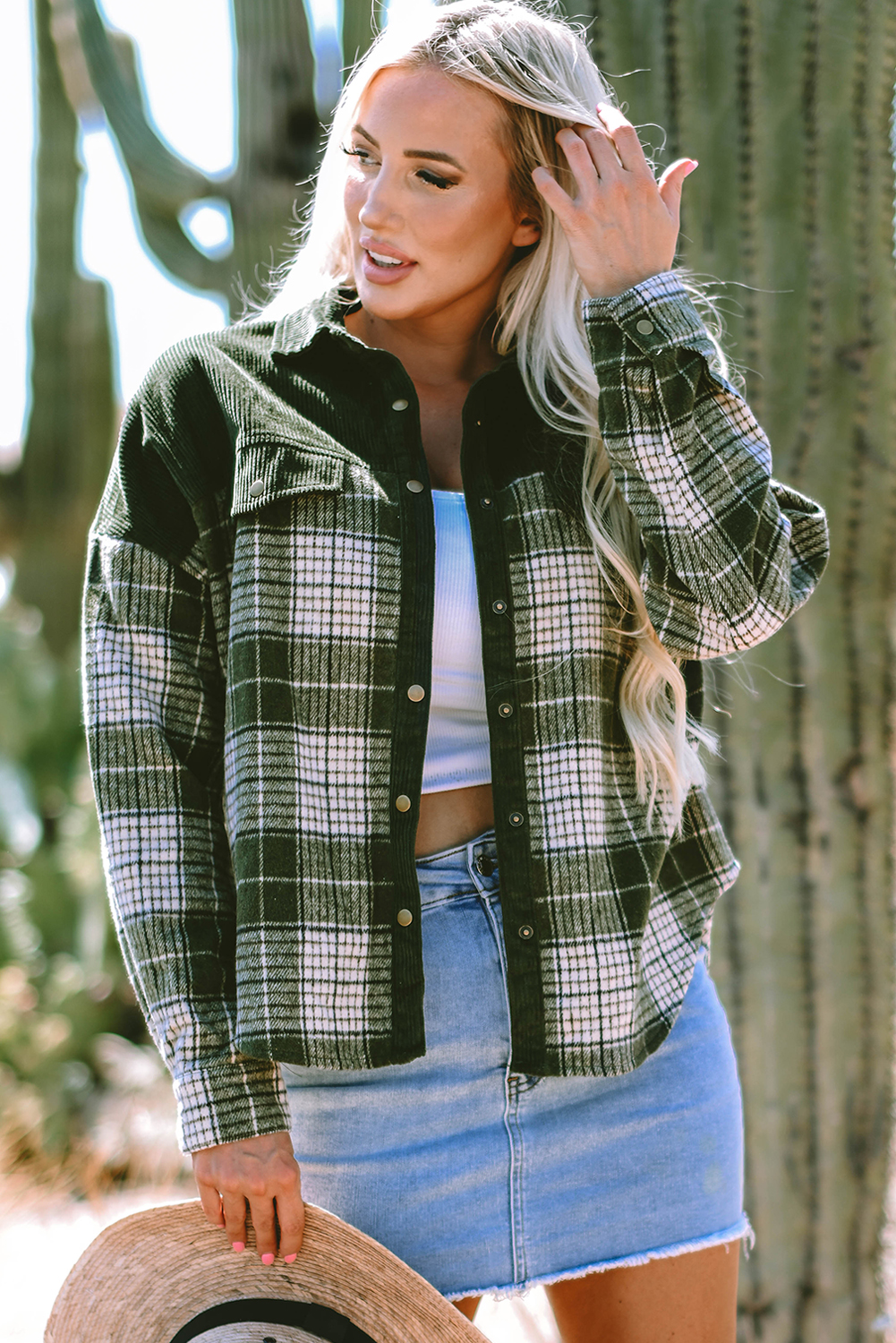 Blackish Green Snap Buttons Colorblock Plaid Shacket - loveforevers