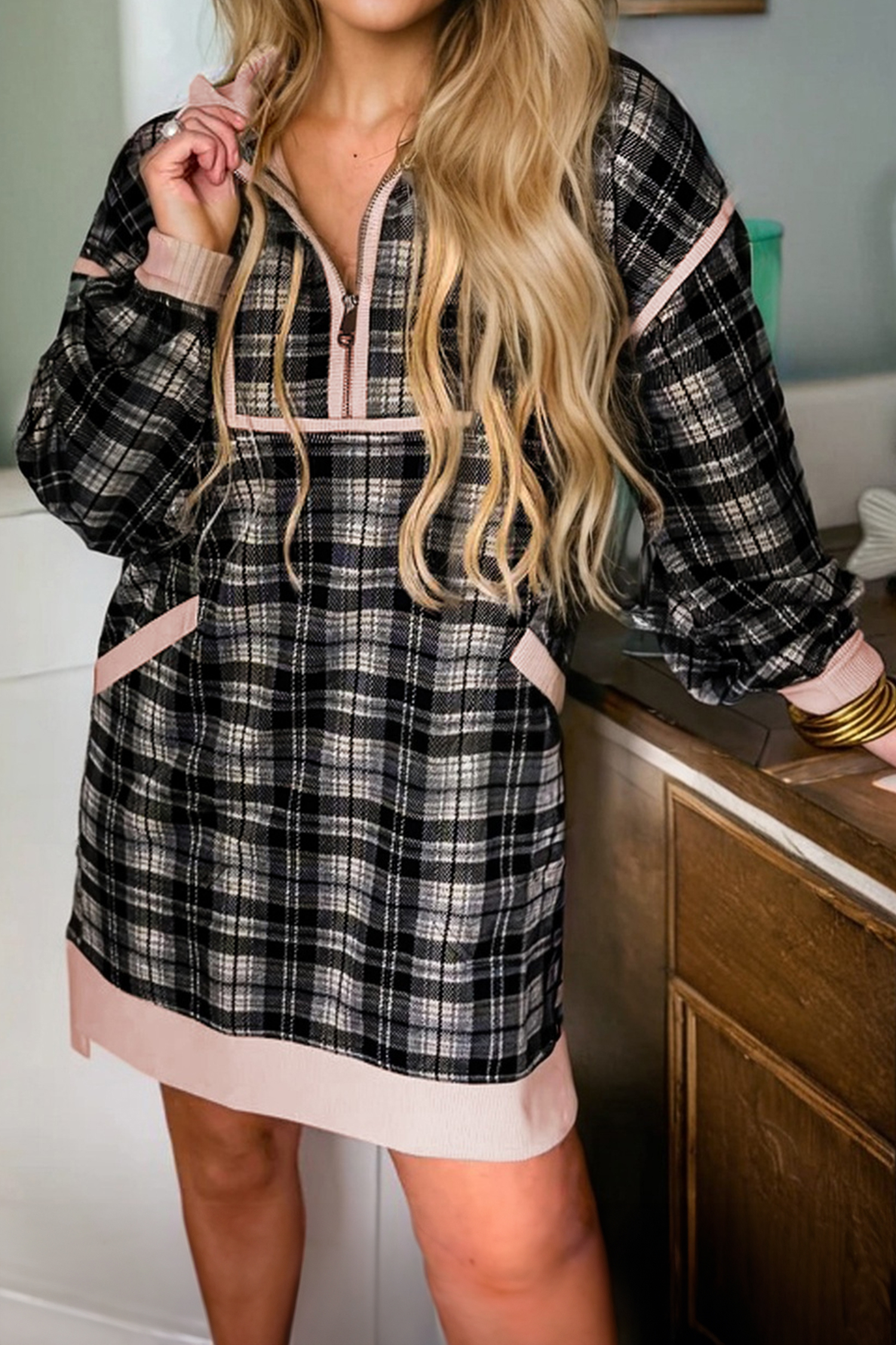 Black Plaid Polo Collar Zip up Contrast Trim Shift Long Sleeve Mini Dress - loveforevers