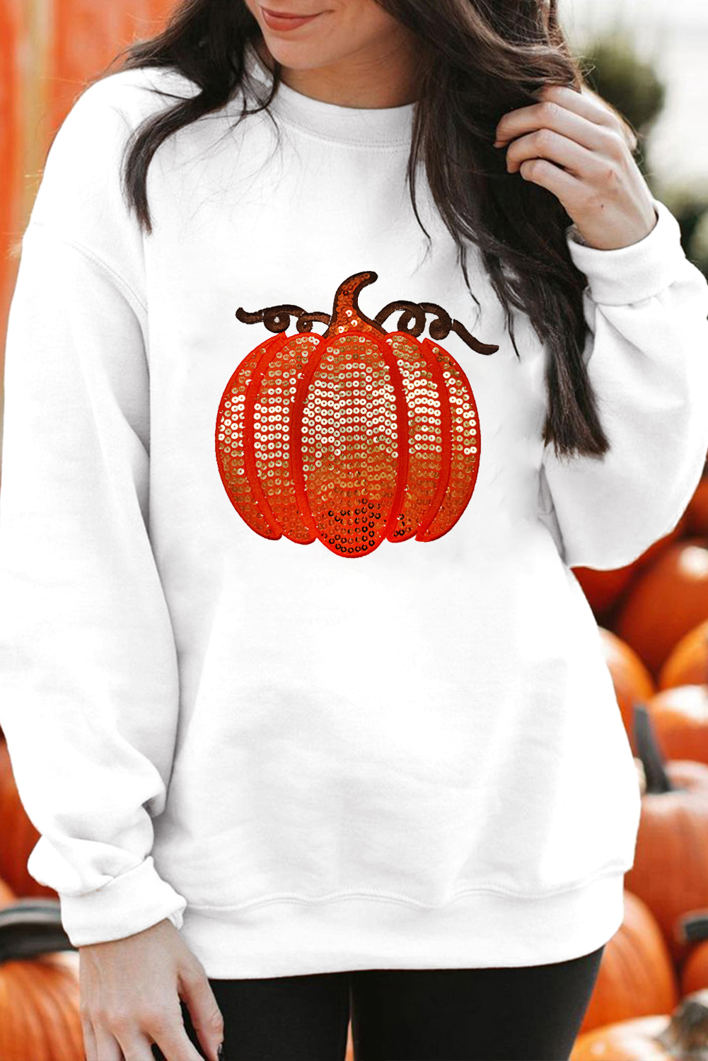 White Sequin Pumpkin Patched Casual Pullover Graphic Sweatshirt - loveforevers