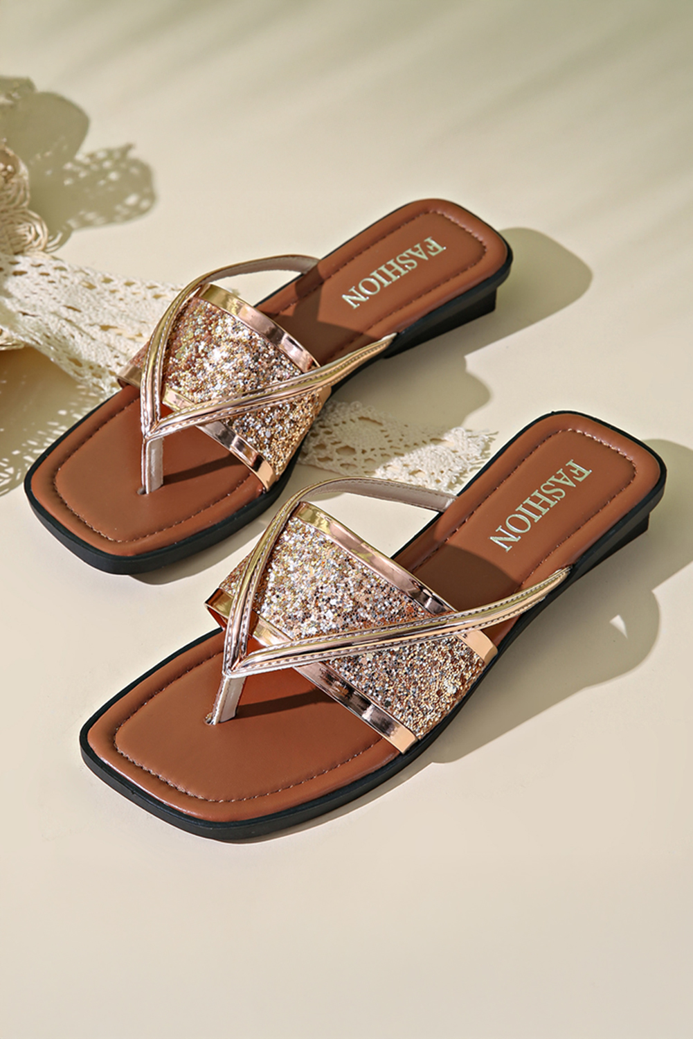Gold Glitter Band Square Toe PU Leather Flat Slippers - loveforevers