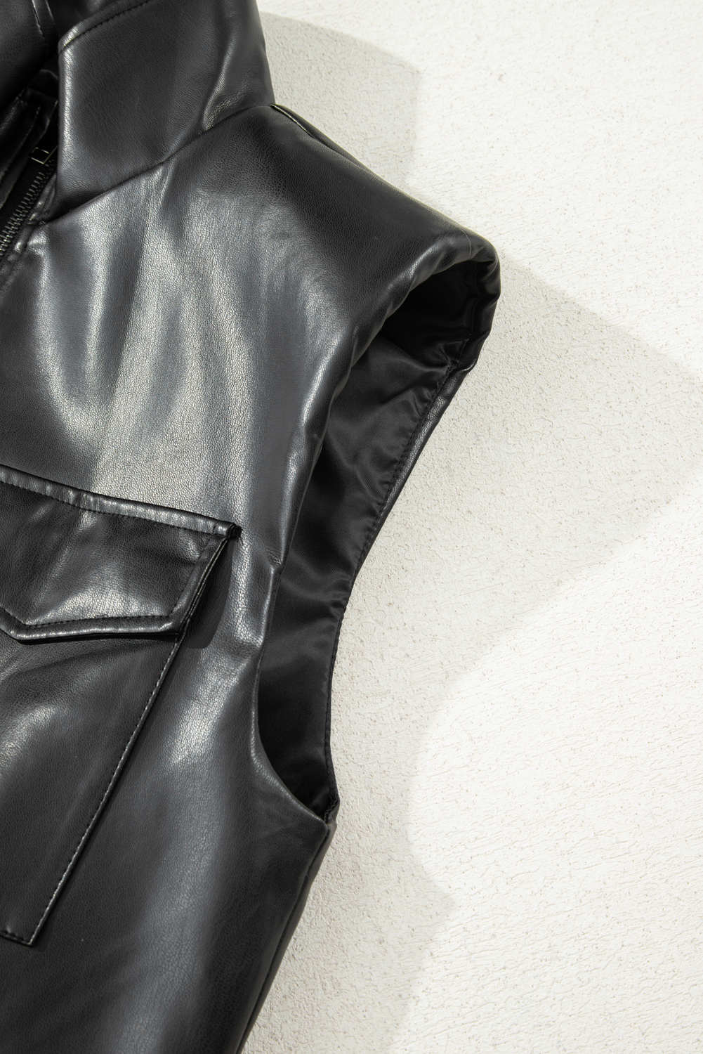 Black Double Flap Pocket Faux Leather Zip Up Stand Neck Vest - loveforevers