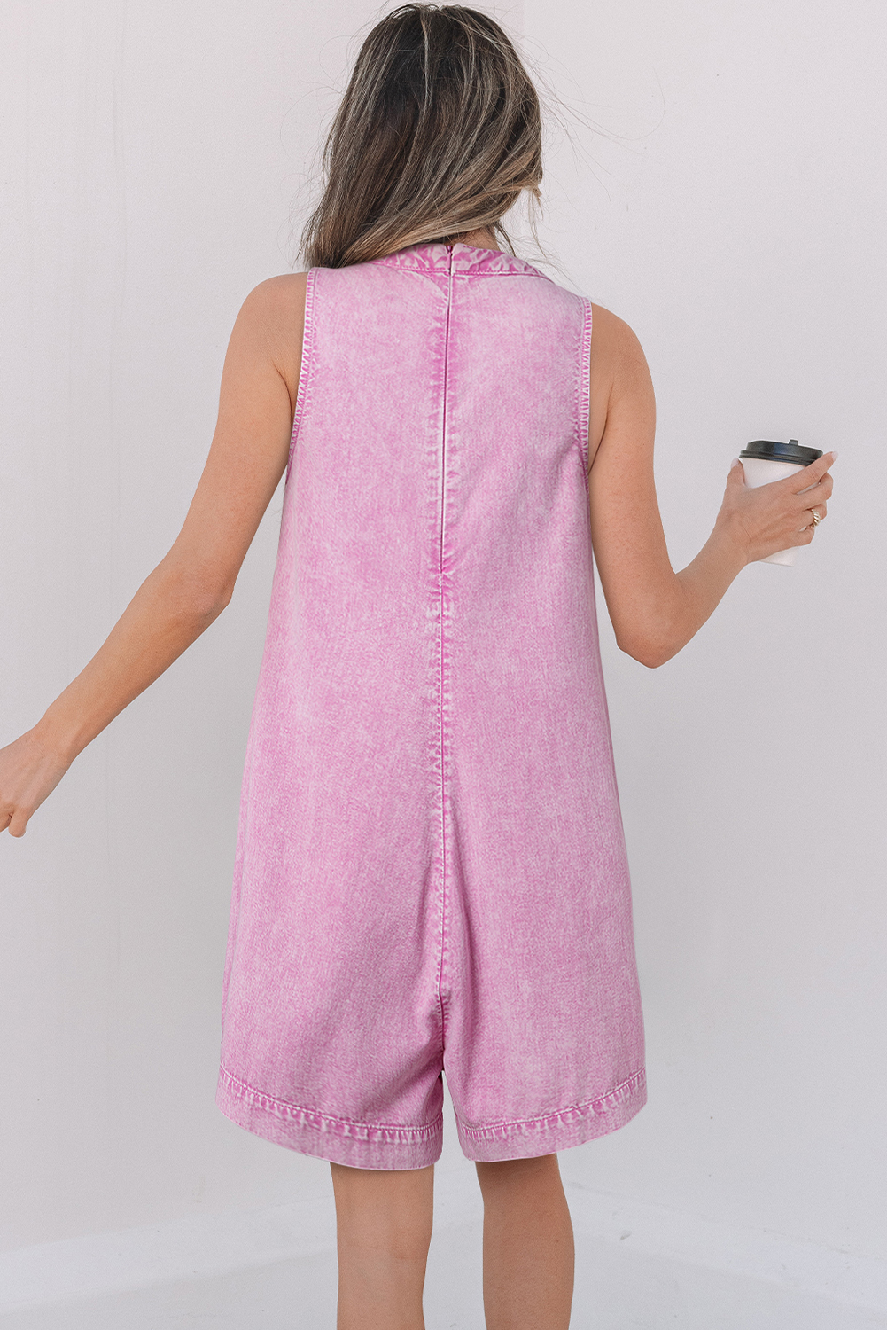 Bonbon Mineral Wash Pleated Bust V Neck Sleeveless Denim Romper - loveforevers