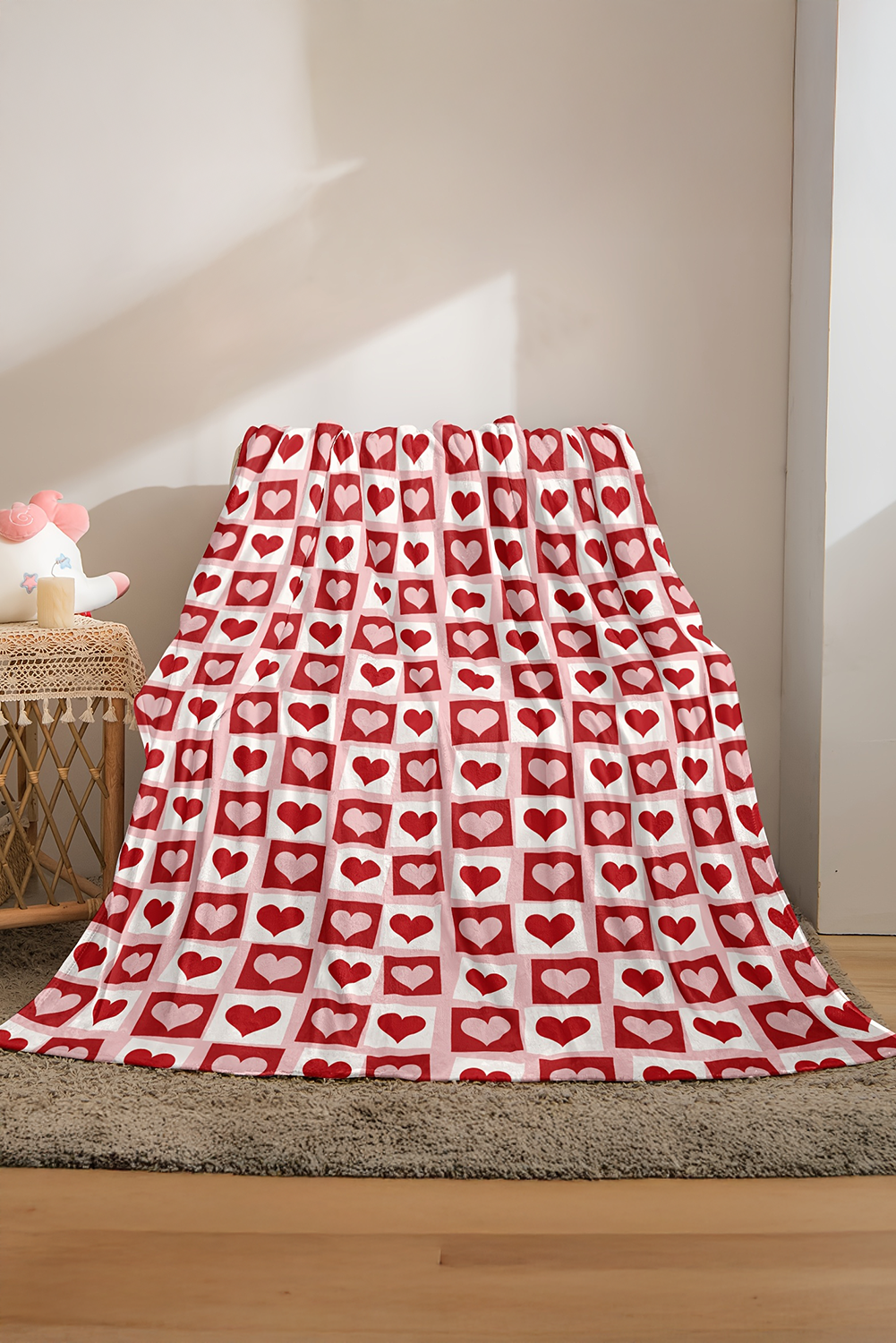 Fiery Red Heart Checkered Print Soft Large Blanket - loveforevers