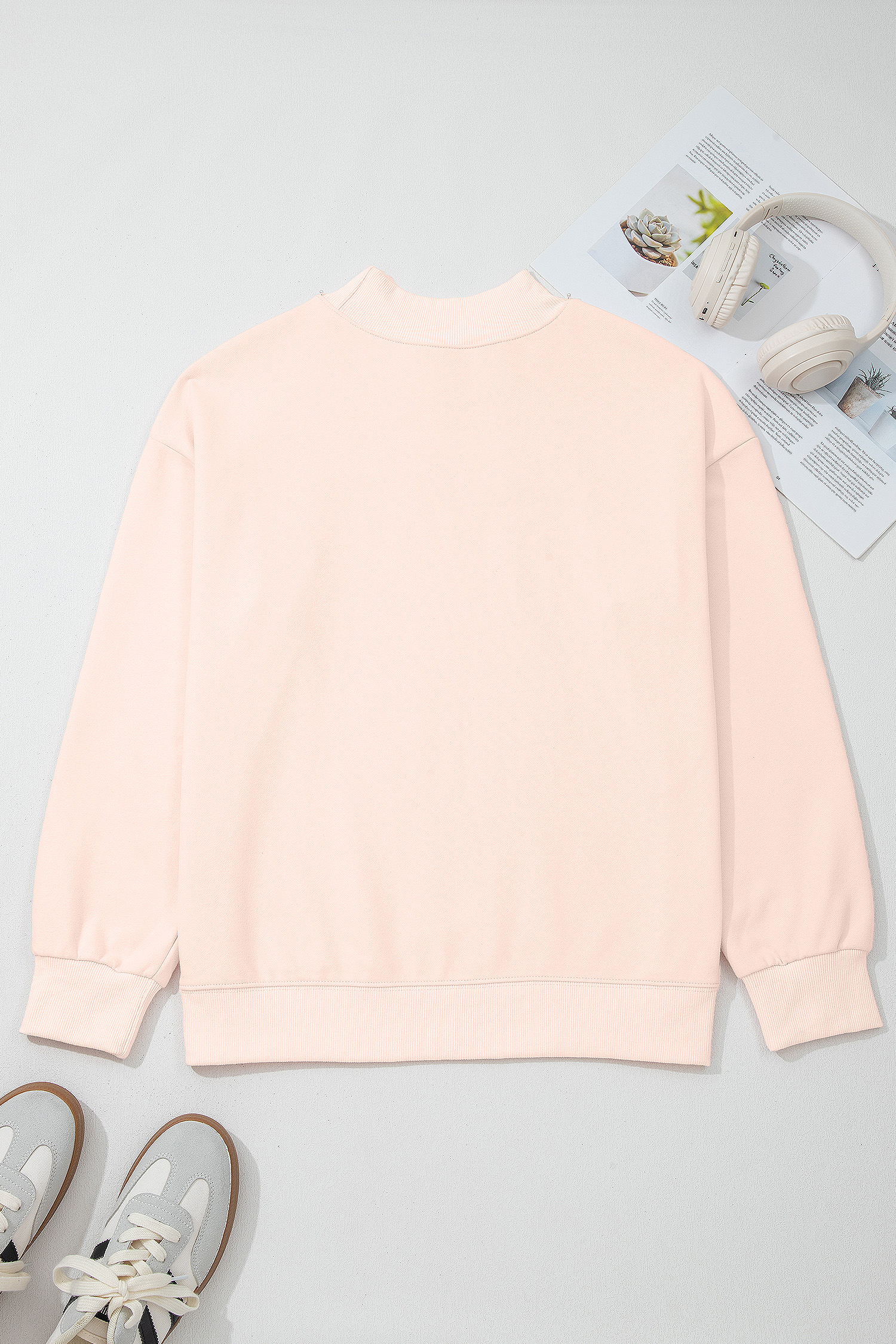 Apricot Pink Sequin Love Heart Patched Mock Neck Sweatshirt - loveforevers