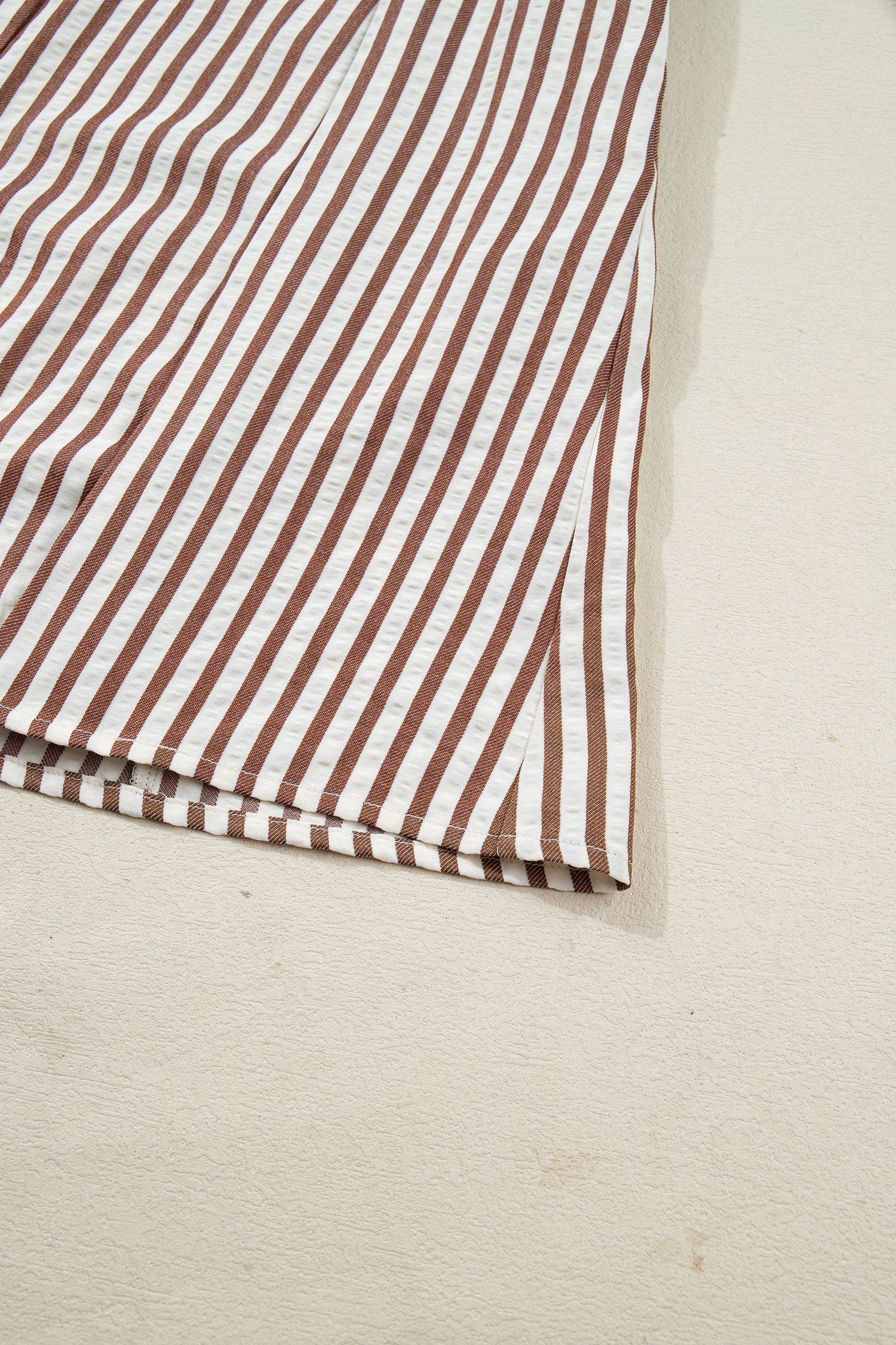 Brown Stripe Knot Waist Puff Sleeve Button Down Mini Shirt Dress - loveforevers