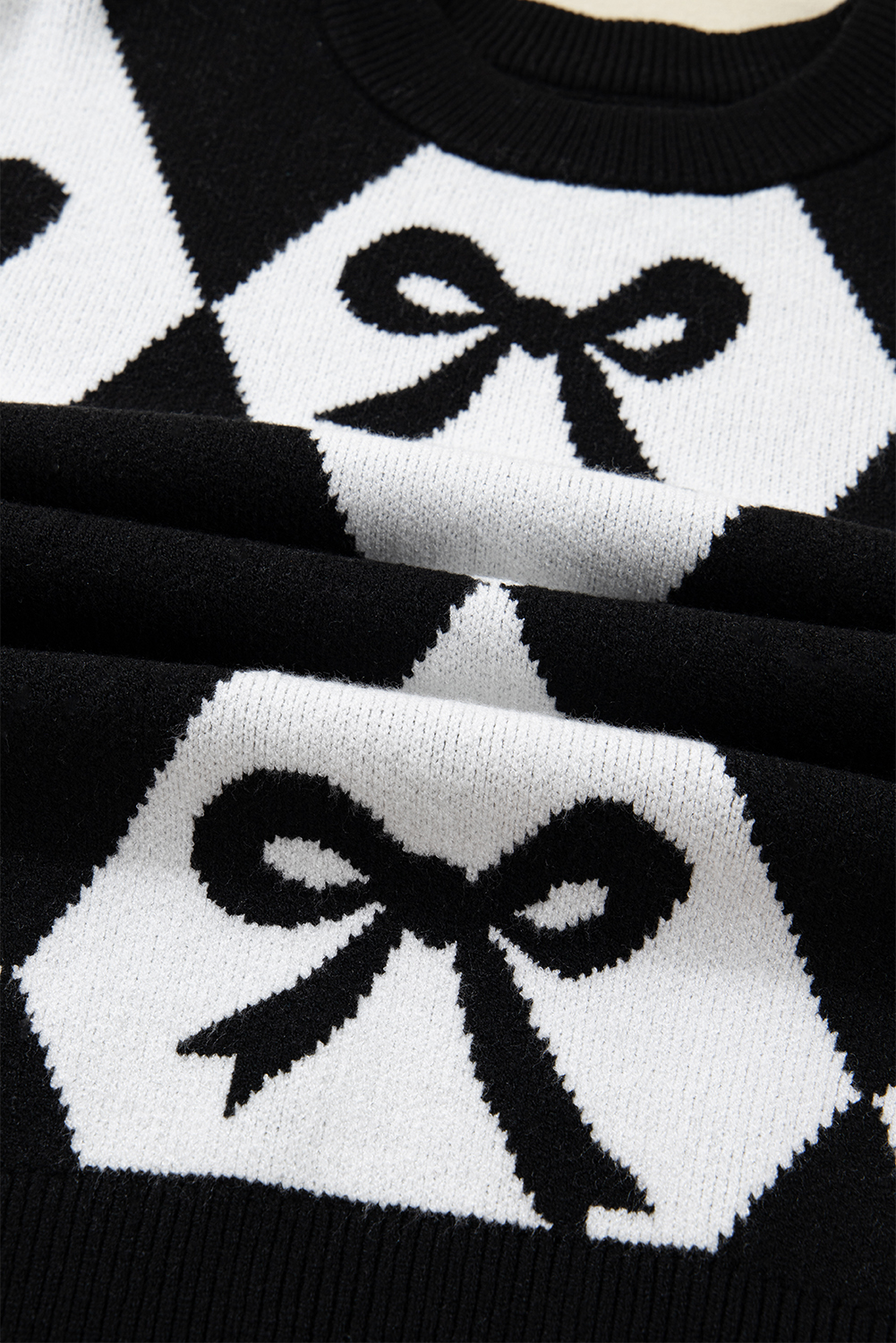 Black Bow Print 2-tone Rhombus Knit Loose Sweater - loveforevers