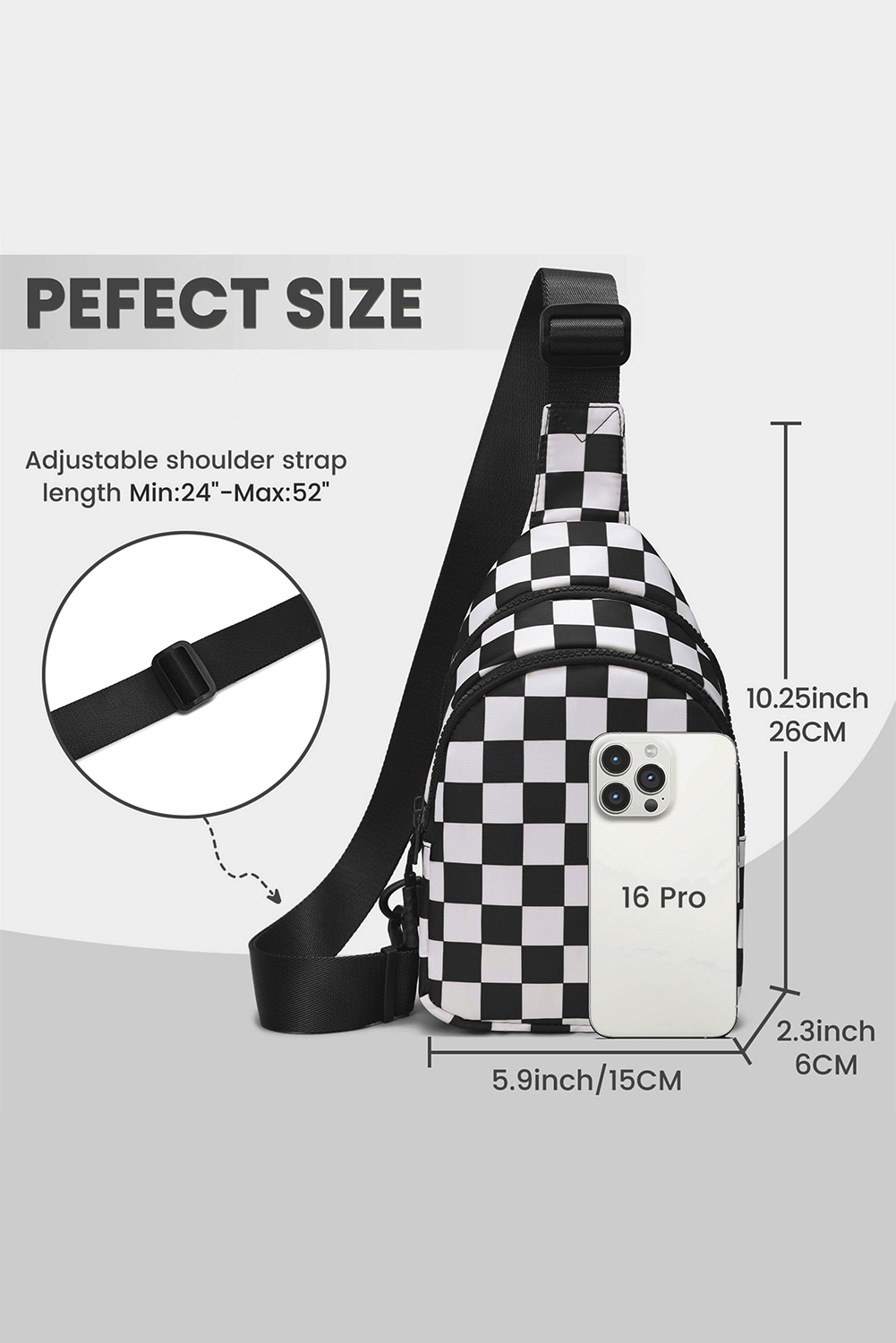 Black Checkered Print Zip Front Sling Backpack Crossbody Bag - loveforevers