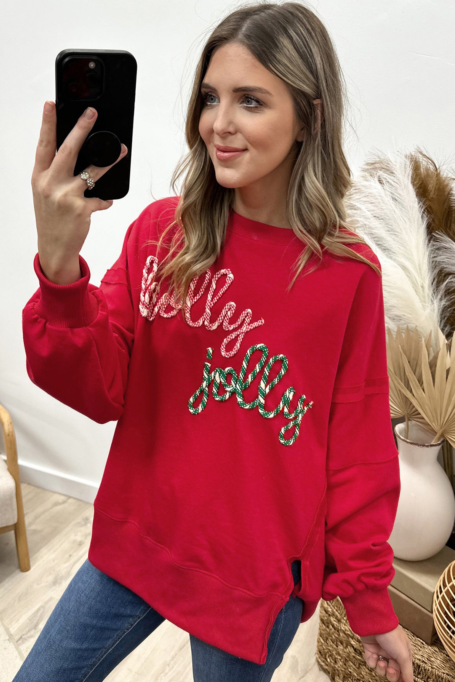 Racing Red Holly Jolly Embroidered Graphic Baggy Sweatshirt - loveforevers