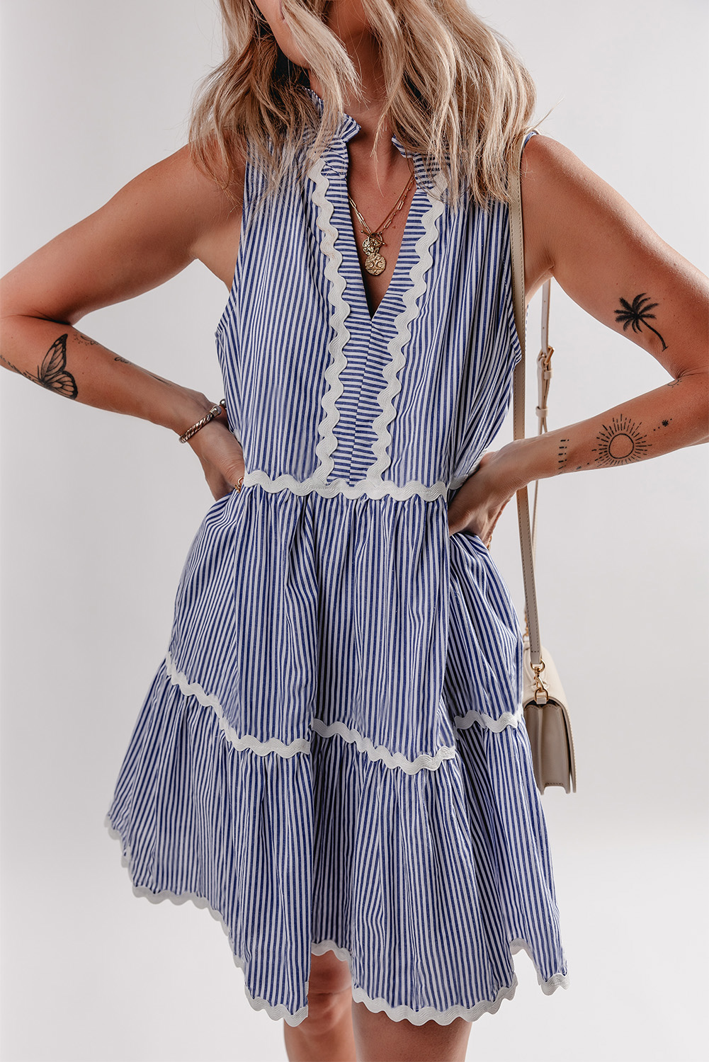 Blue Stripe Sleeveless Notched V Neck Contrast Ric Rac Mini Dress - loveforevers