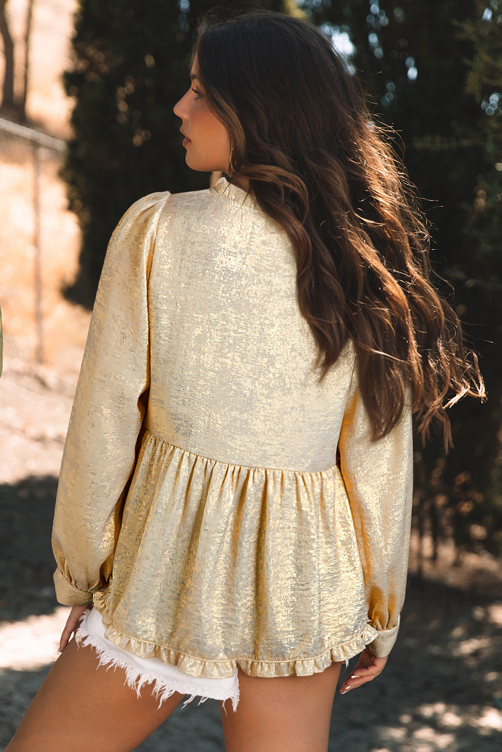 Dearlovers Gold Metallic Frilled V Neck Puff Sleeve Babydoll Blouse - loveforevers