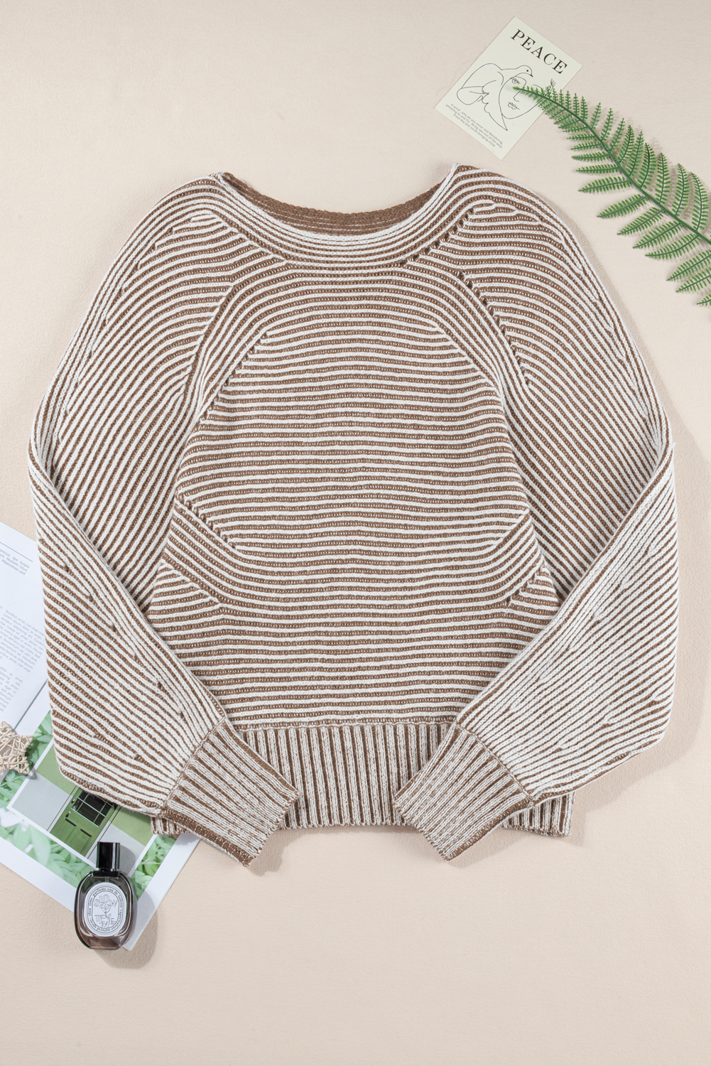 Coffee Striped Print Ribbed Knit Boat Neck Baggy Sweater - loveforevers
