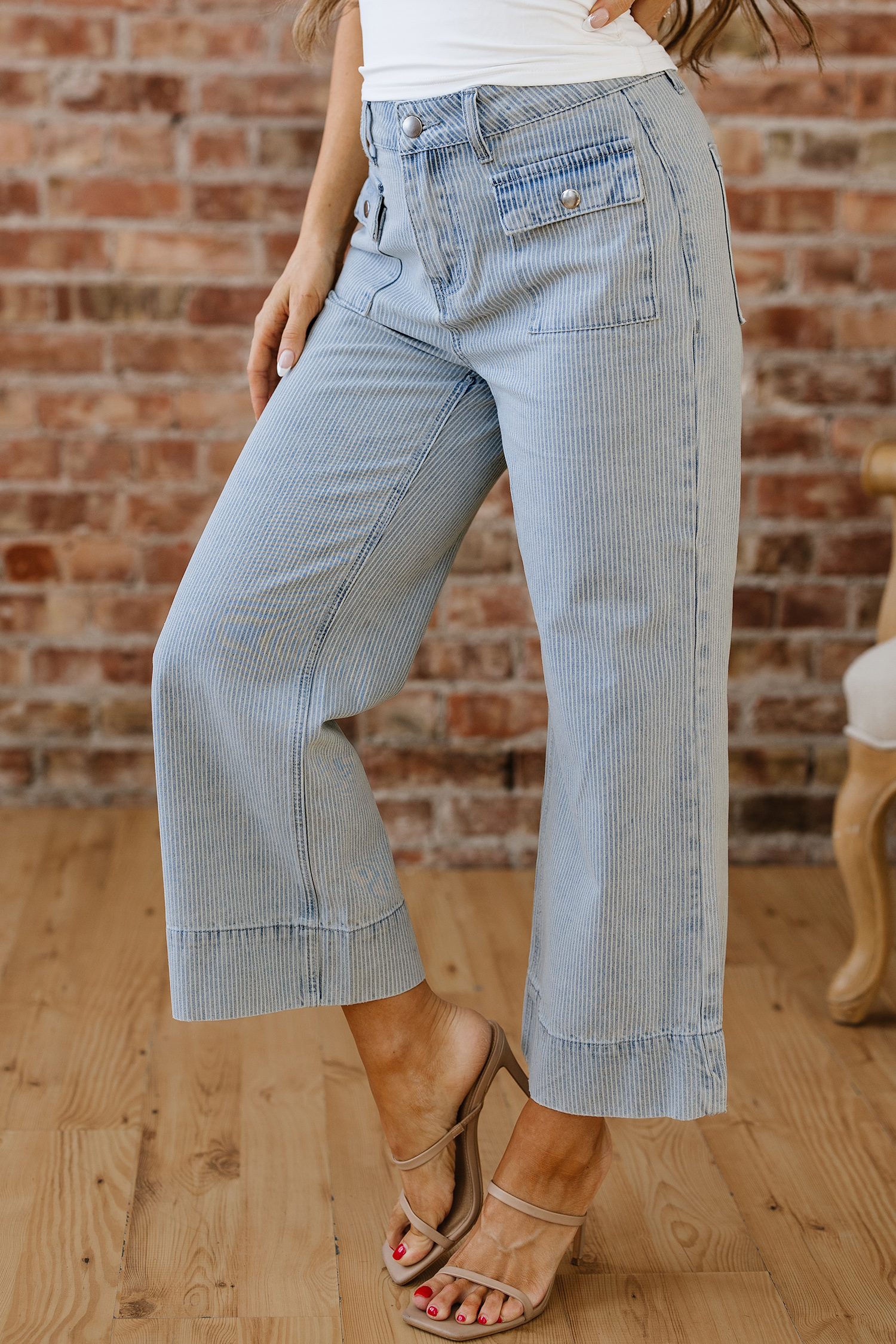Sky Blue Stripe Button Flap Pocket Cuffed Hem Wide Leg Jeans - loveforevers