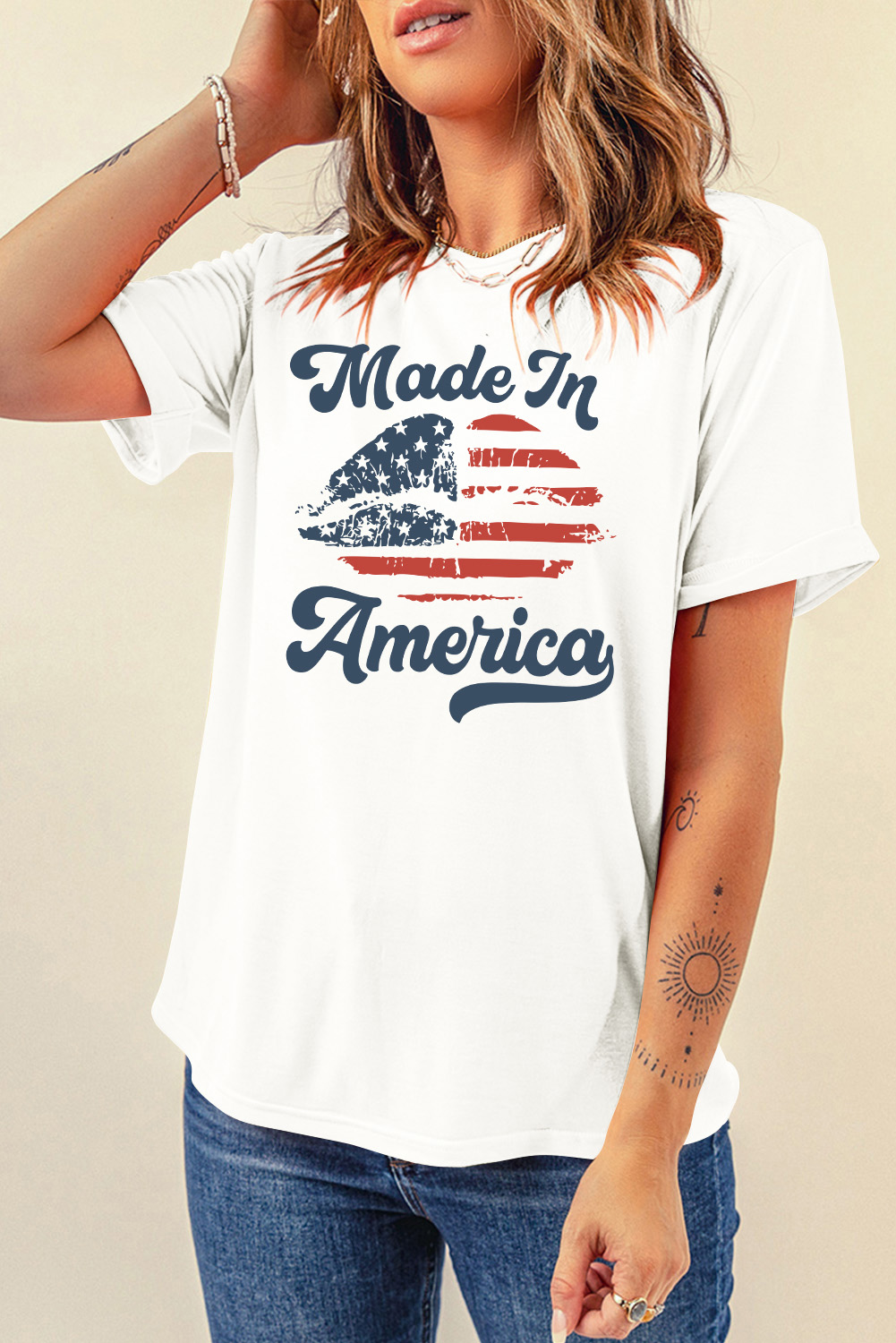White Made in America Lip Printed O Neck T Shirt - loveforevers