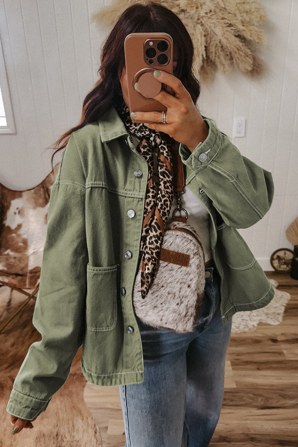 Smoke Green Patched Pocket Collared Button Front Boyfriend Denim Jacket - loveforevers