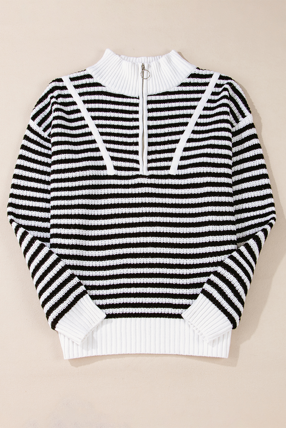 Black Stripe Zip up Collar Drop Shoulder Sweater - loveforevers