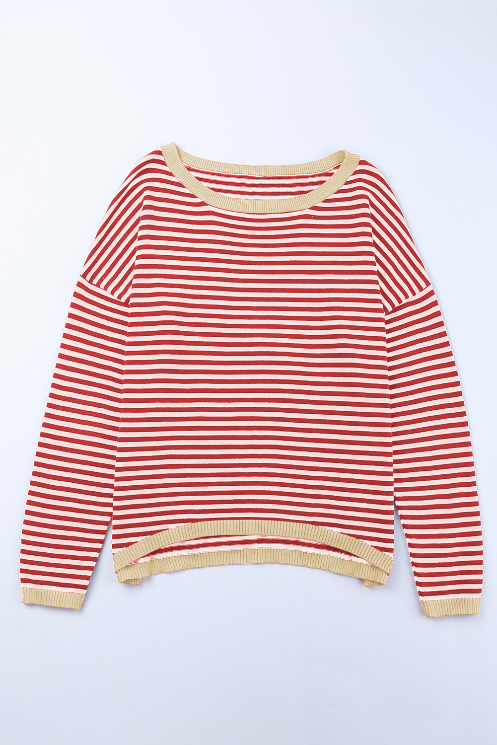 Fiery Red Striped Contrast Trimmed Drop Shoulder Sweater - loveforevers