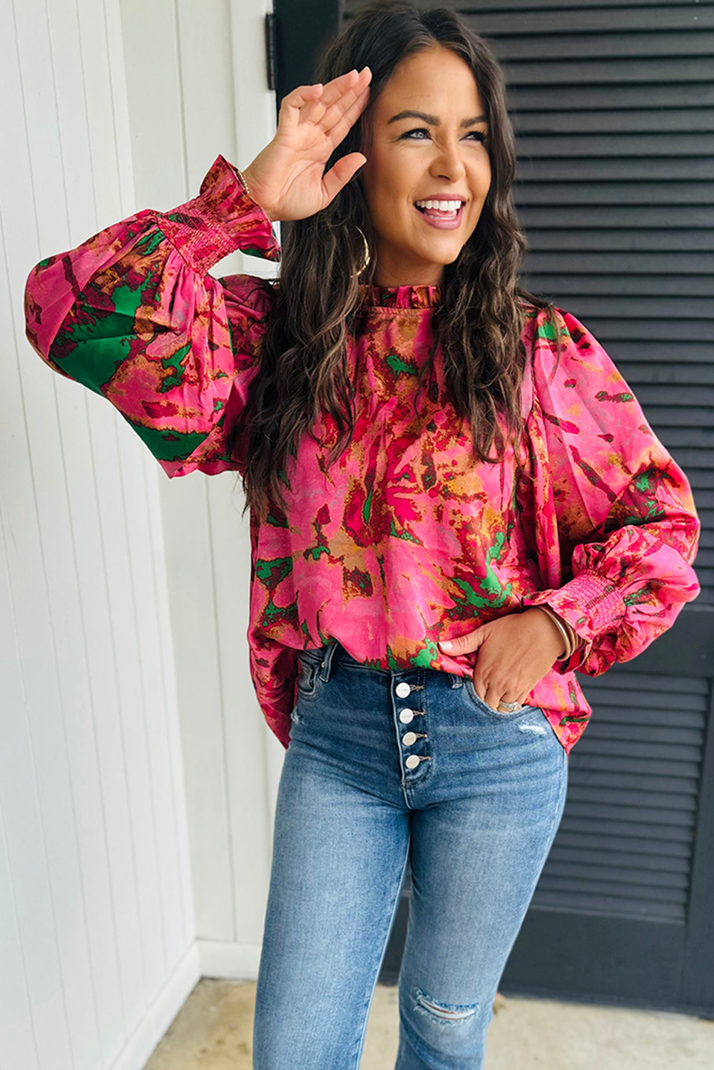 Rose Abstract Print Frilly Neckline Puff Sleeve Blouse - loveforevers