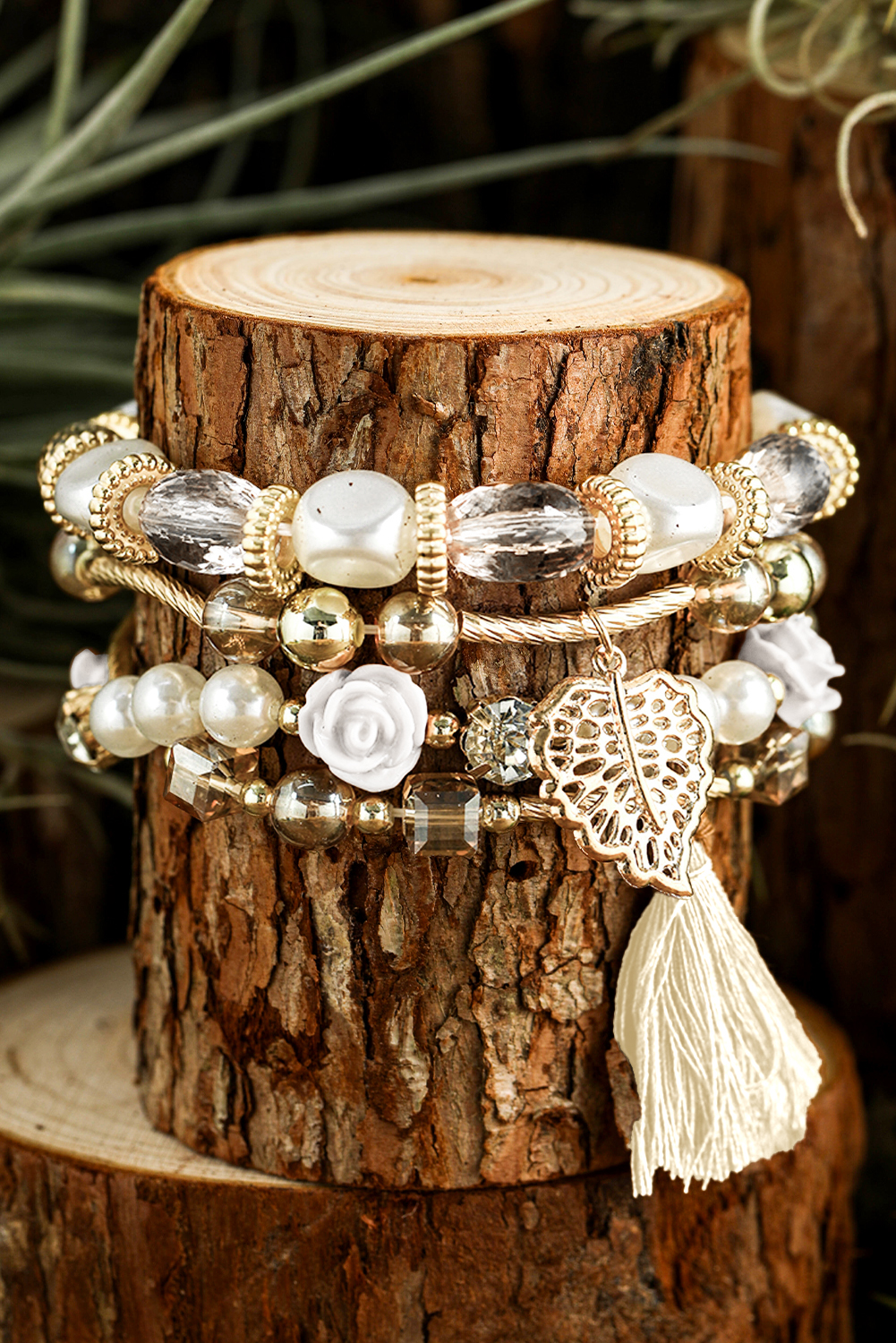White Bohemian Rhinestone Beaded Fringed Layered Bracelet - loveforevers
