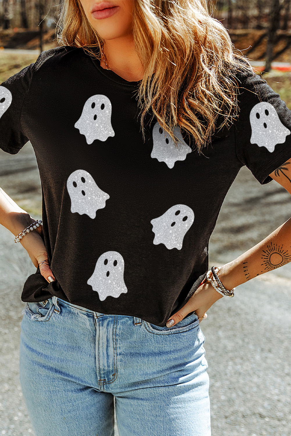 Wisteria Glitter Trim Chenille Ghost Patched Halloween Graphic Tee - loveforevers