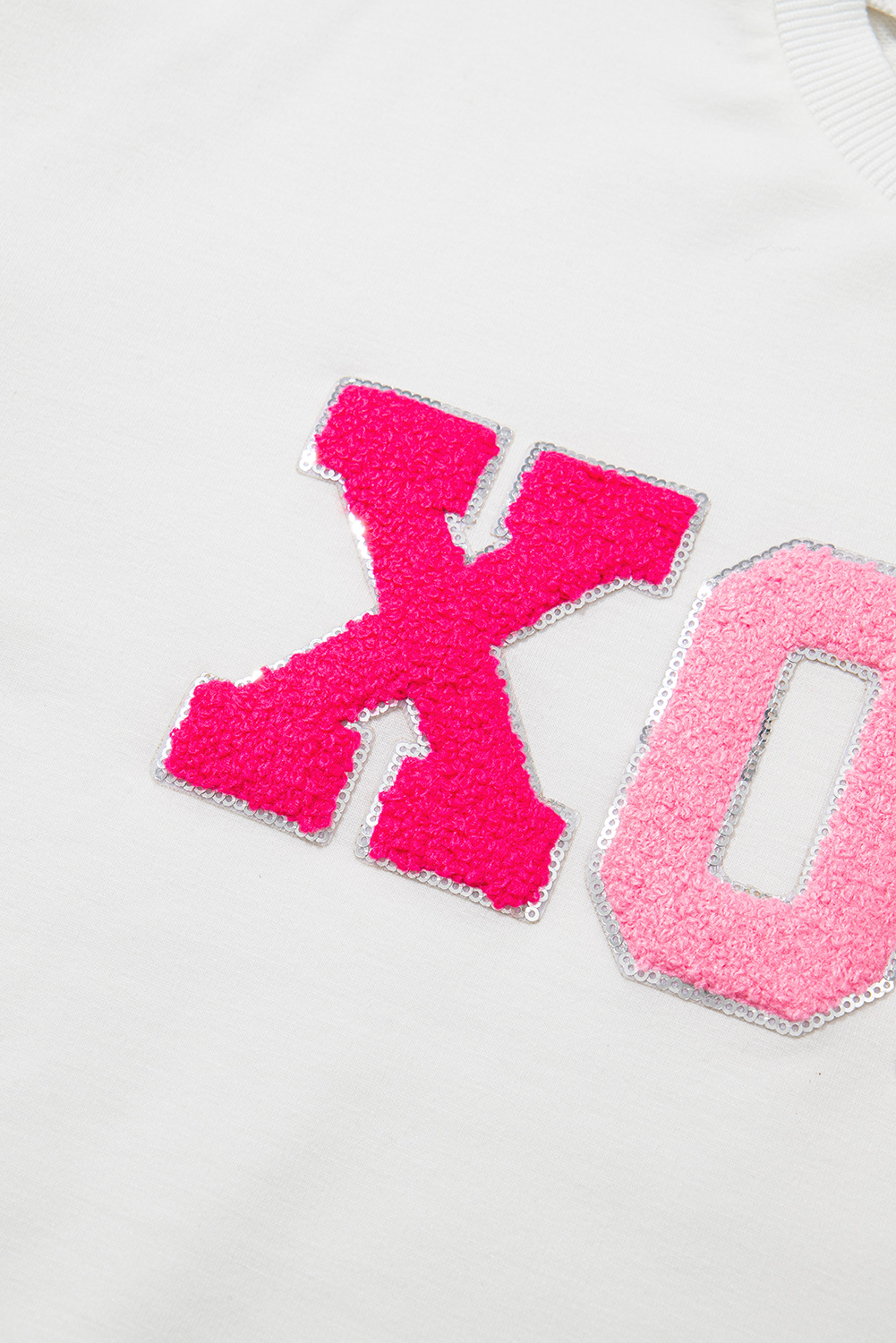 White XOXO Chenille Letter Graphic Valentine Pullover Sweatshirt - loveforevers