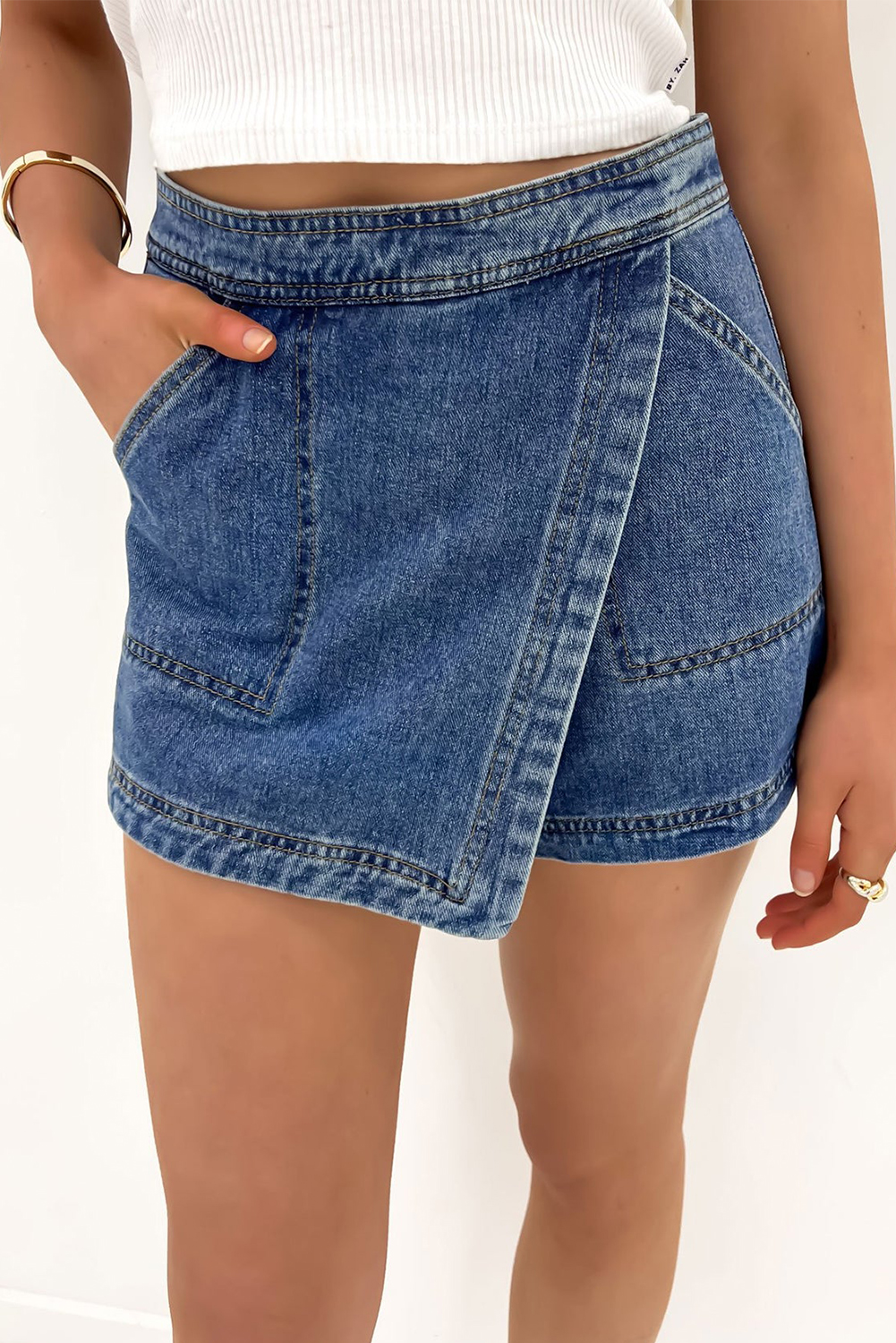 Ashleigh Blue Faux Wrapped Mini Denim Skort - loveforevers