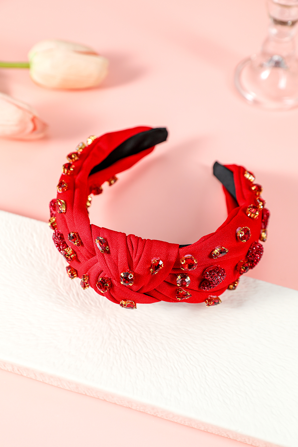 Fiery Red Rhinestone Heart Glass Drill Studded Knotted Wide Headband - loveforevers