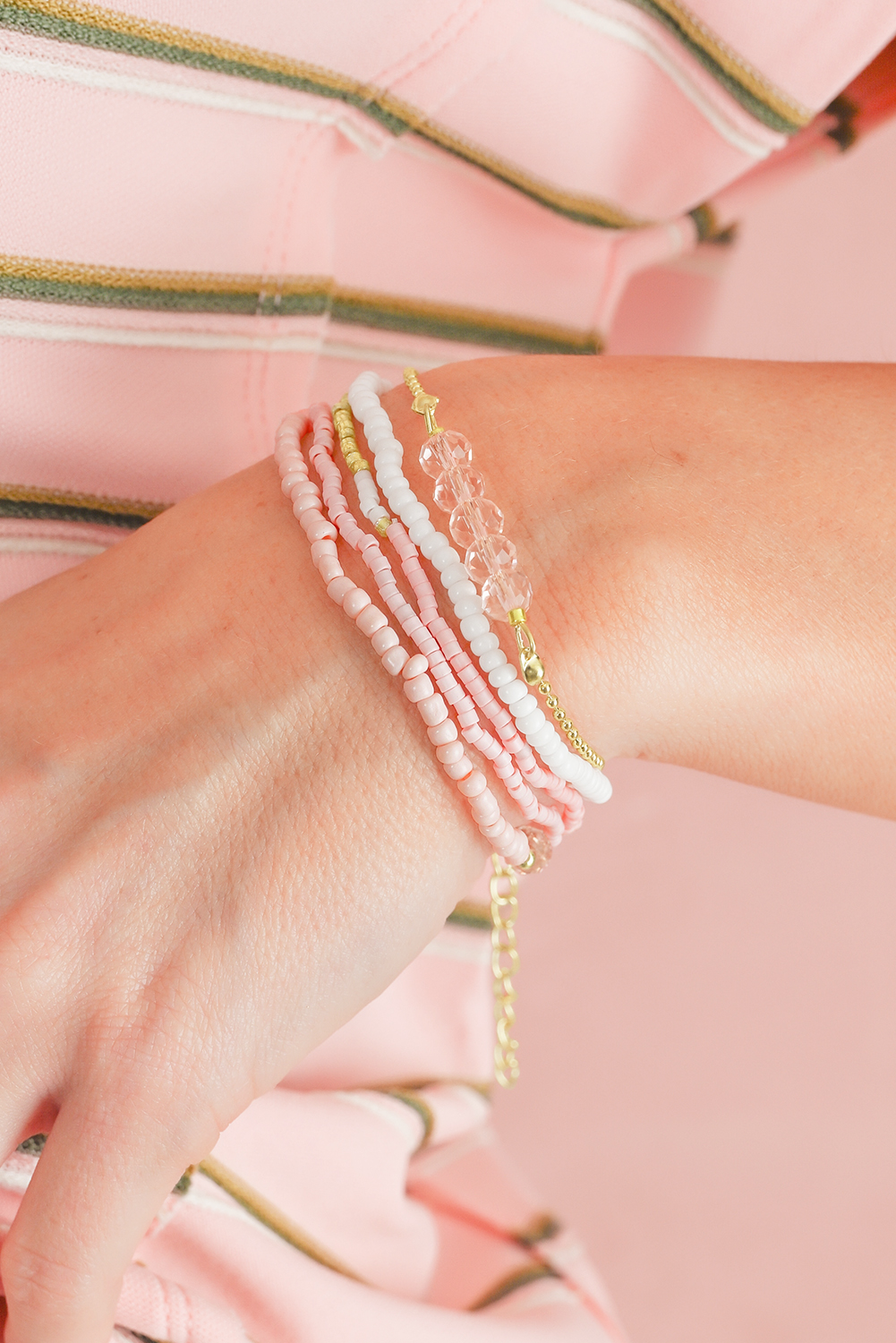 Pink Pearl Crystal Bead Detail 5pcs Elastic Bracelet Set - loveforevers