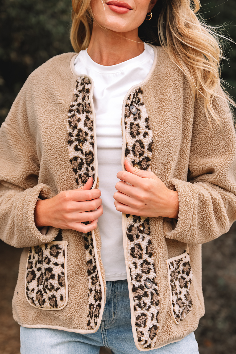Casual Leopard Print Accent Plush Jacket with Pockets - loveforevers