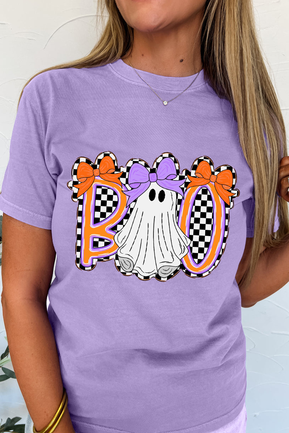 Wisteria Boo Checkered Bow Ghost Halloween Graphic Tee - loveforevers