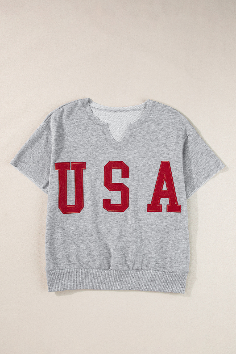 Light Grey USA Lettering Patch Notched Neck Loose Tee - loveforevers