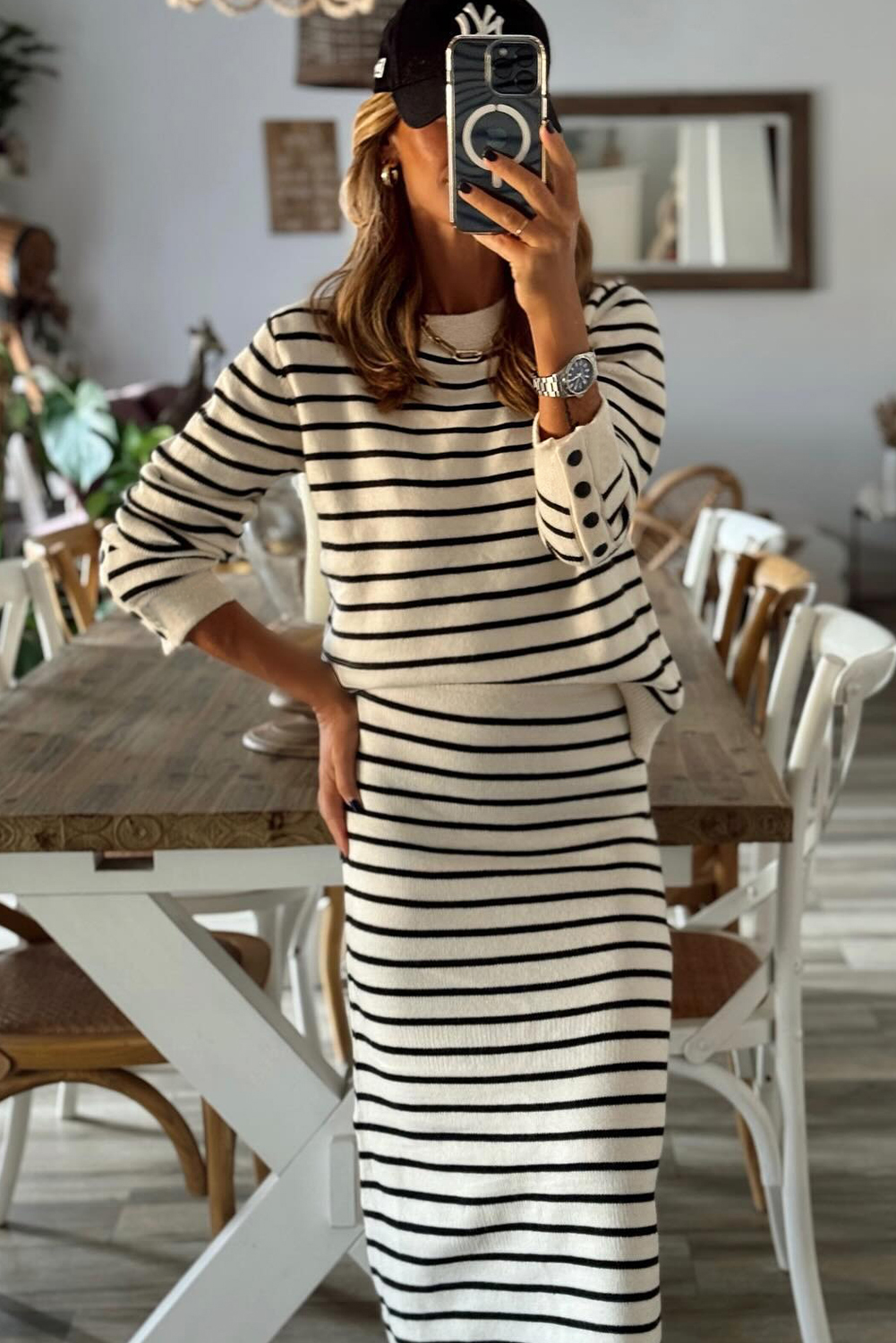 Black Stripe Ribbed Trim Button Cuff Long Sleeve Top Midi Skirt 2pcs Outfit - loveforevers