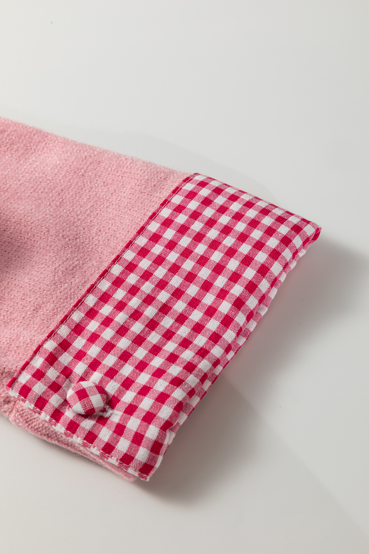 Light Pink Plaid Heart Embroidered Cuffed Drop Shoulder Crew Neck Sweater - loveforevers